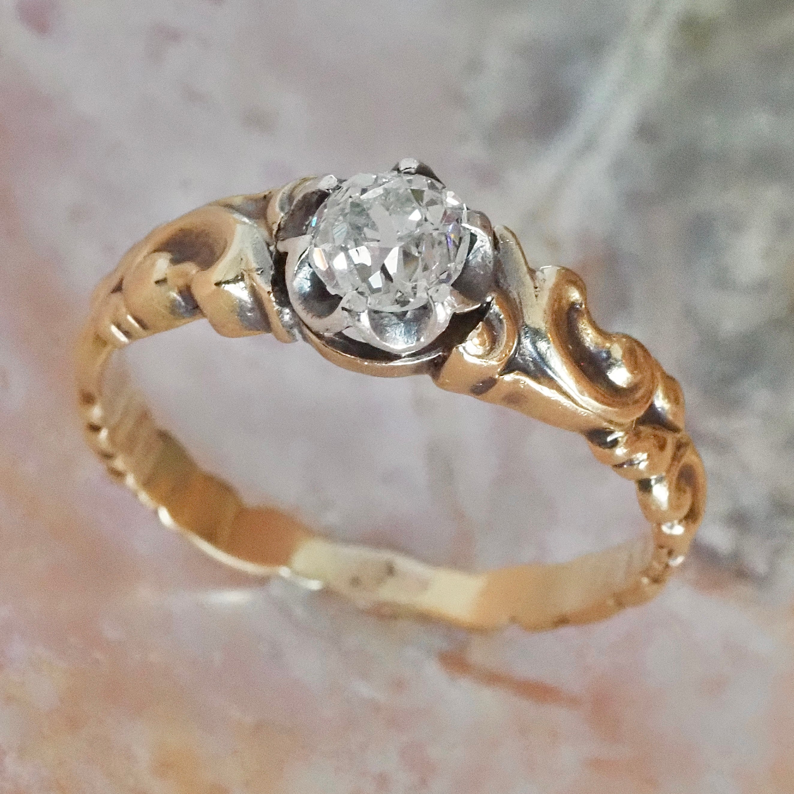 Antique Victorian Old Mine Cut Diamond 9k Gold Sterling Silver Engagement Ring