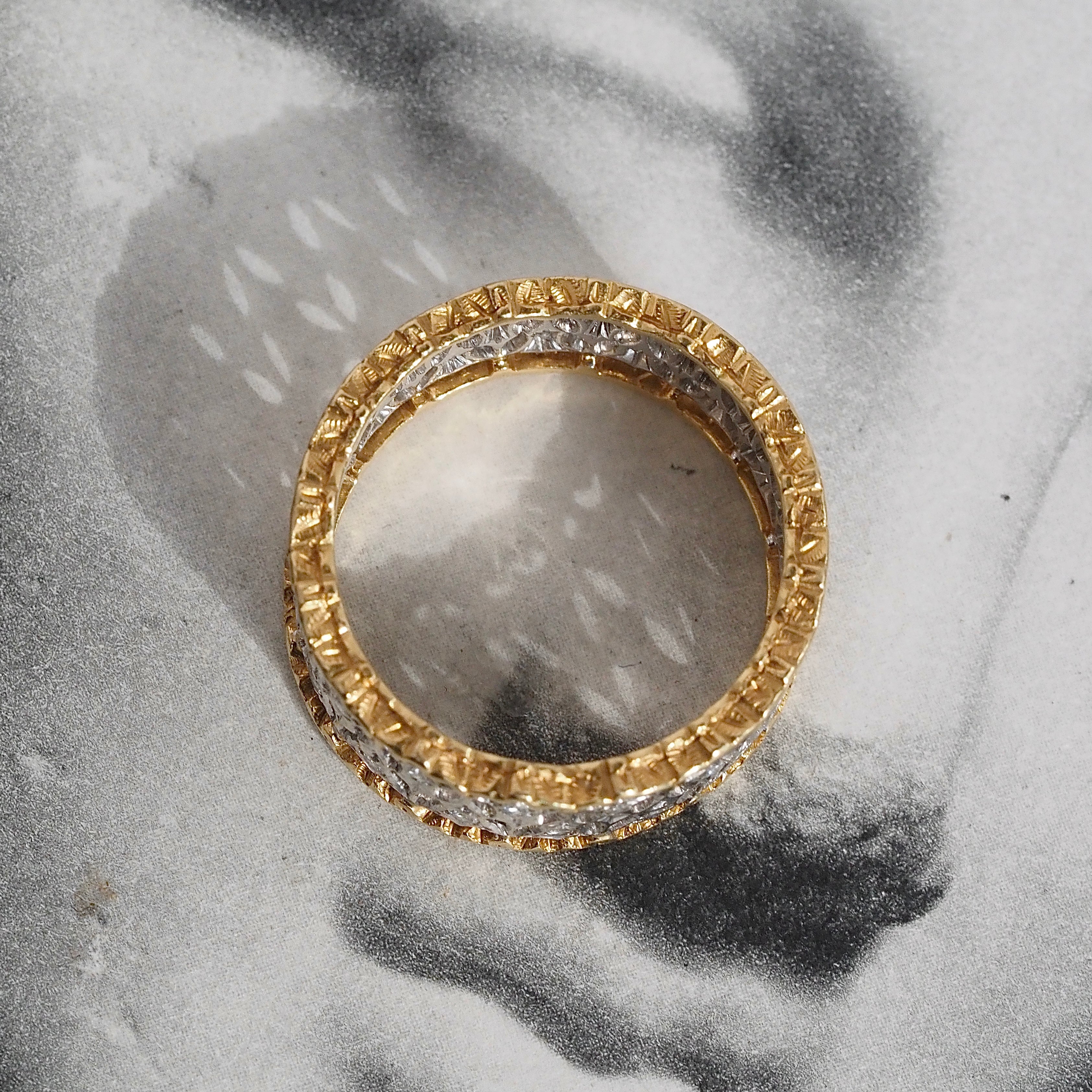 Vintage Italian 18k White and Yellow Gold Diamond Wide Lattice Open Work Band