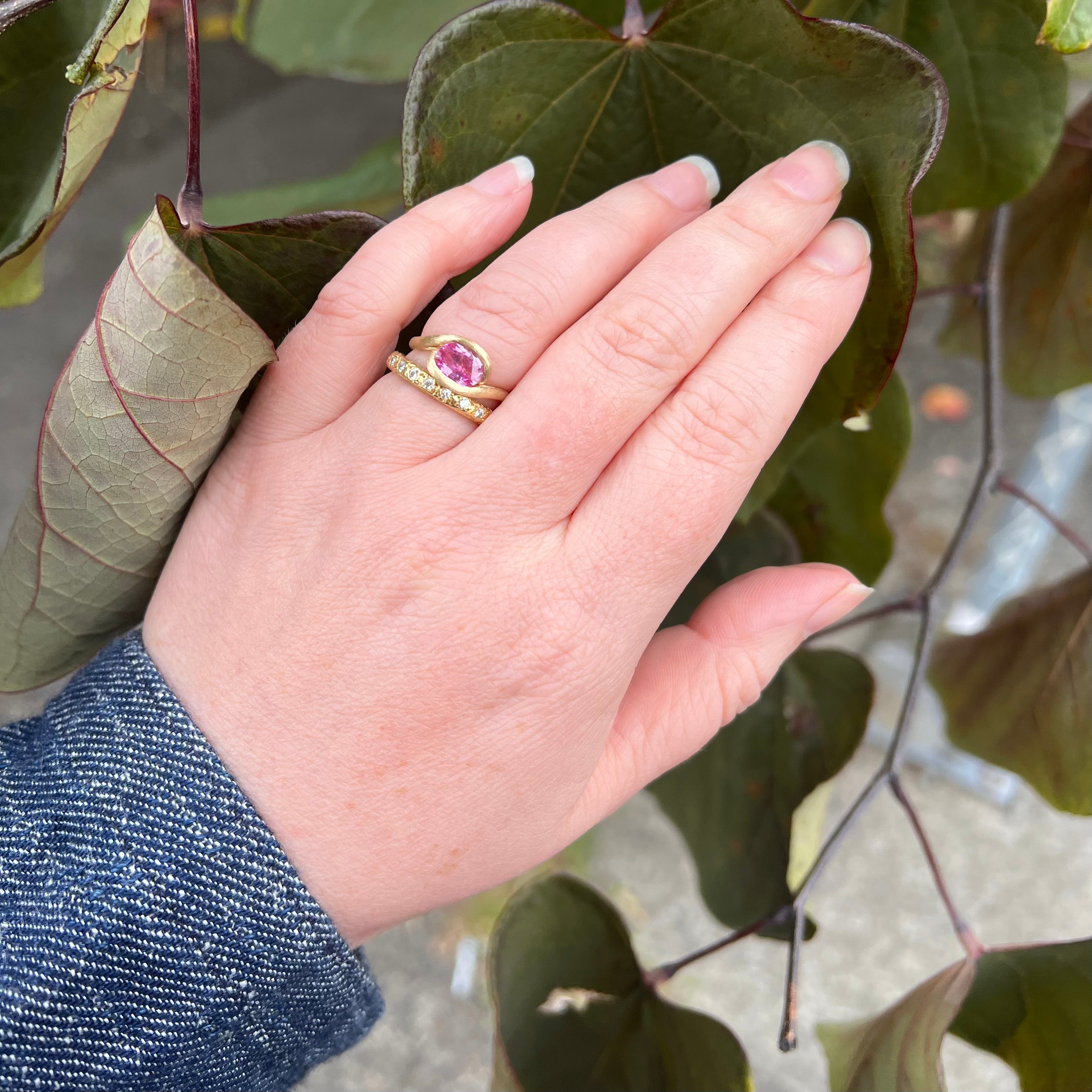 Natural Pink Sapphire Brushed 14k Gold Ring