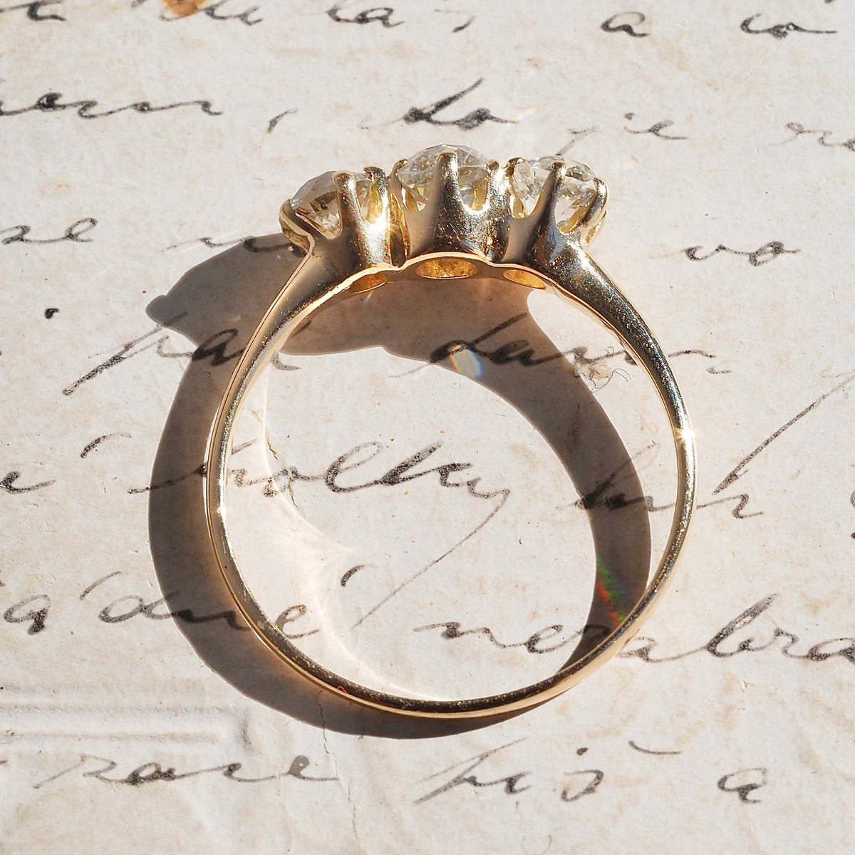 Antique Trilogy Old Mine Cut Diamond 14k Gold Engagement Ring