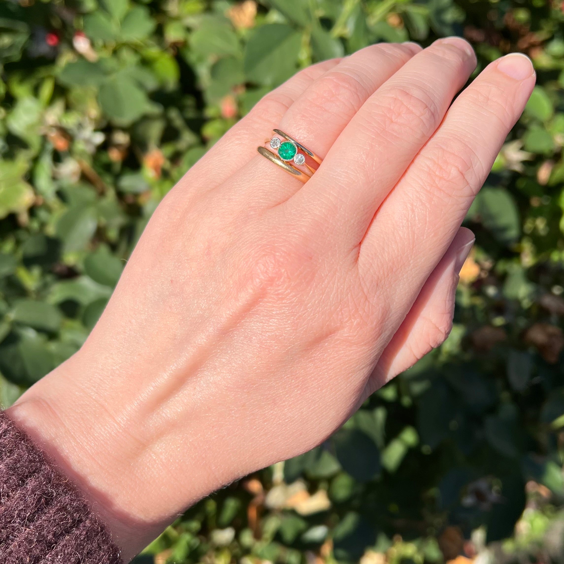 Antique Edwardian Emerald and Old Mine Cut Diamond Trilogy Platinum and 18k Gold Ring