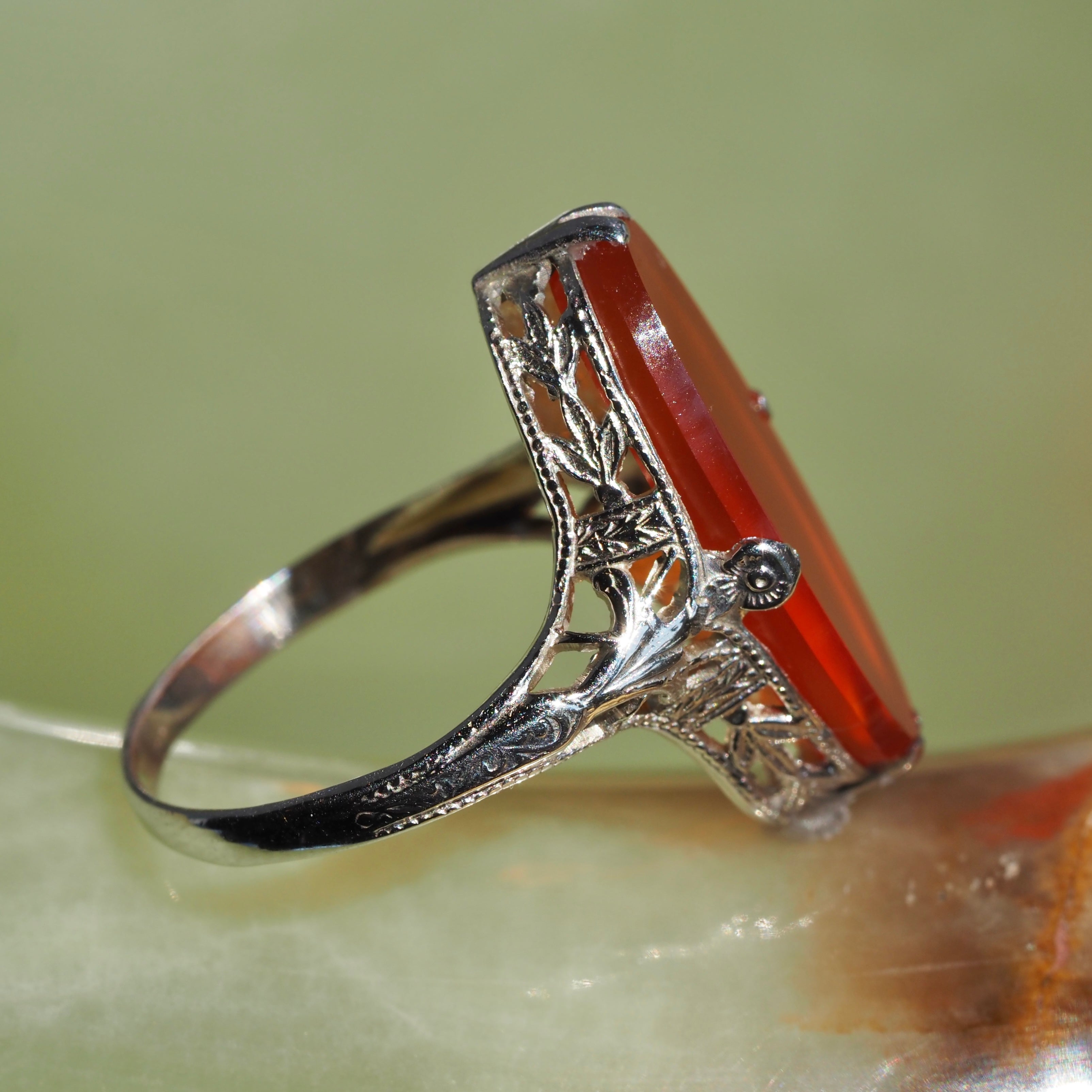 Antique Art Deco 14k White Gold Filigree Carnelian Ring