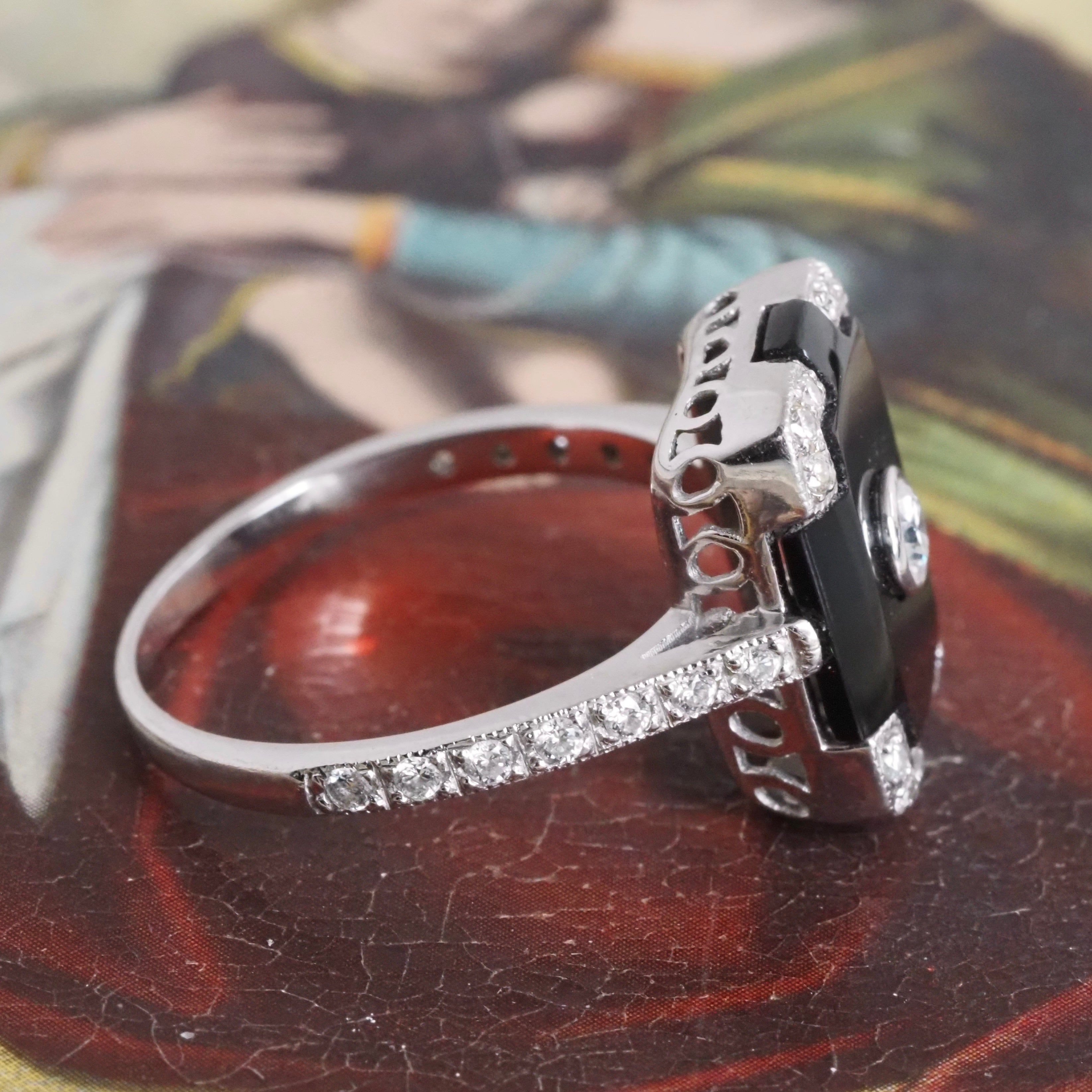 Vintage Art Deco Style Onyx and Diamond 14k White Gold Ring
