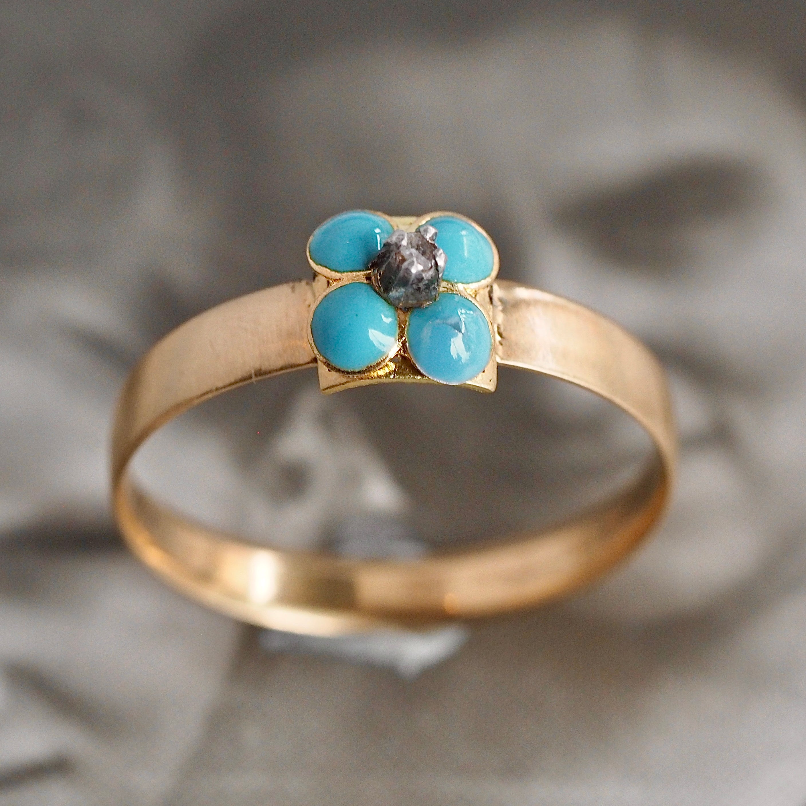 Antique Victorian c. 1889 18k Gold Diamond and Enamel Forget Me Not Ring