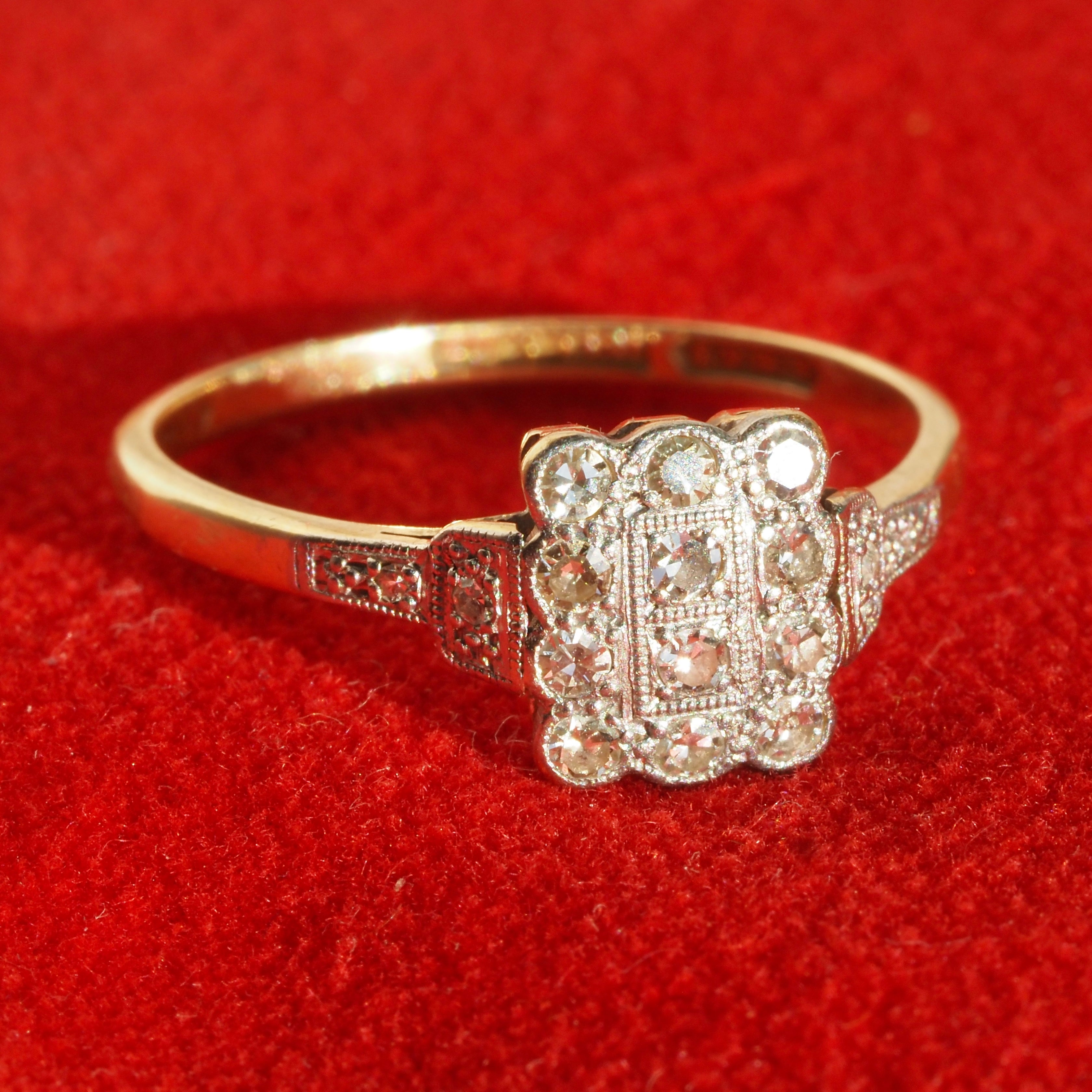 Antique Edwardian English Scalloped Square Diamond 18k Gold and Platinum Engagement Ring