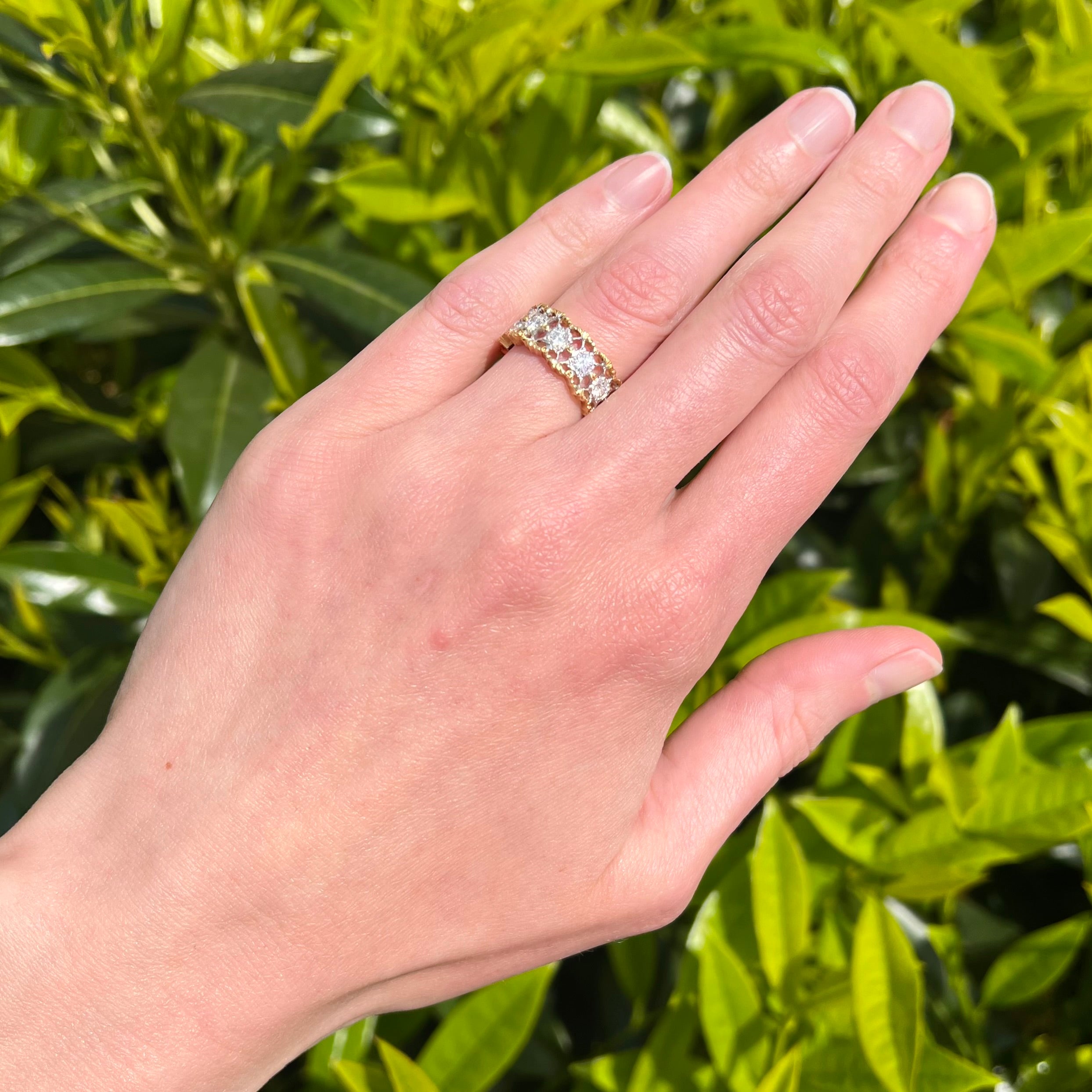 Vintage Italian 18k White and Yellow Gold Diamond Rigato Lace Eternity Ring