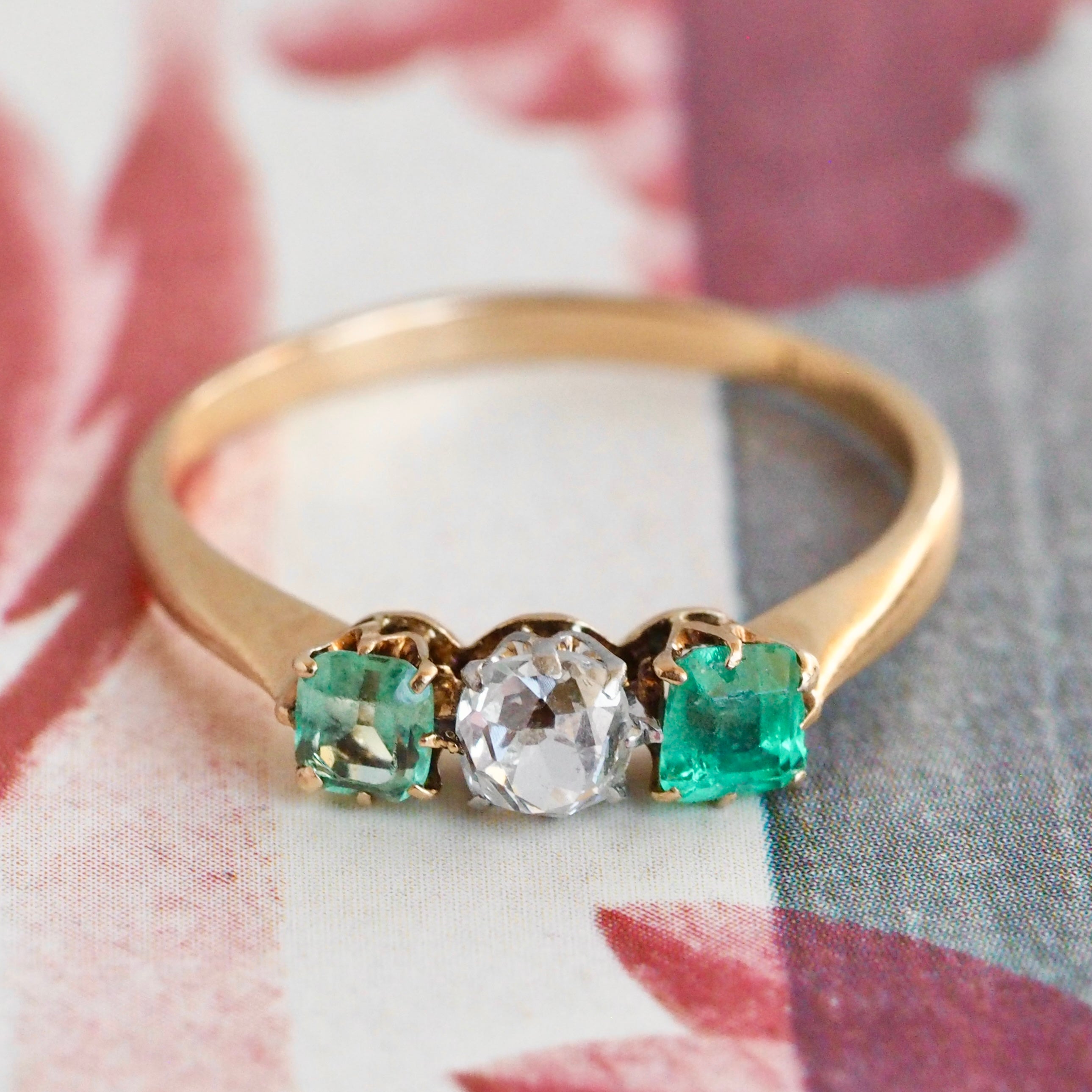 Antique Victorian 14k Gold Emerald and Old Mine Cut Diamond Trilogy Ring