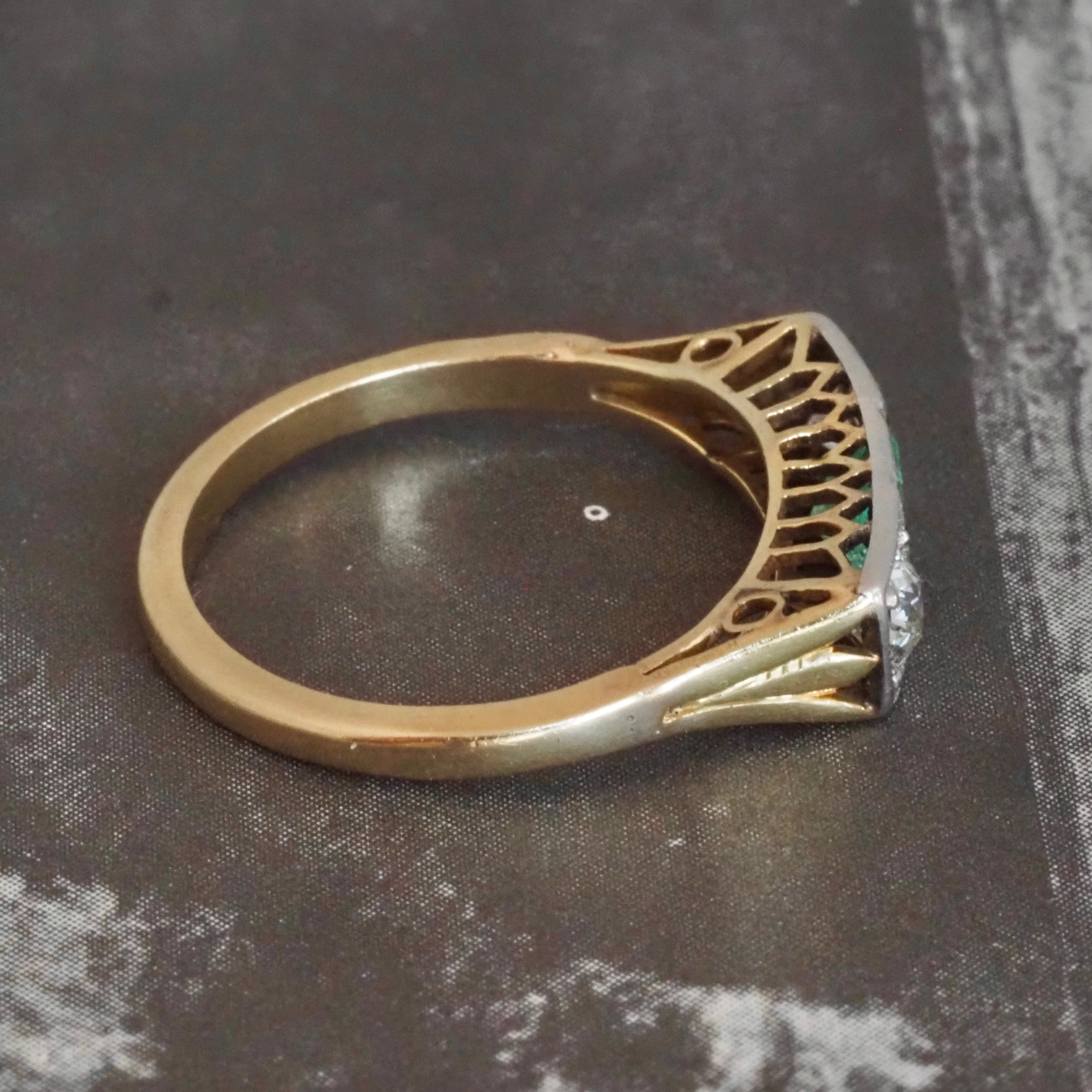 Antique Art Deco Trilogy Emerald and Old European Cut Diamond 14k Gold Ring