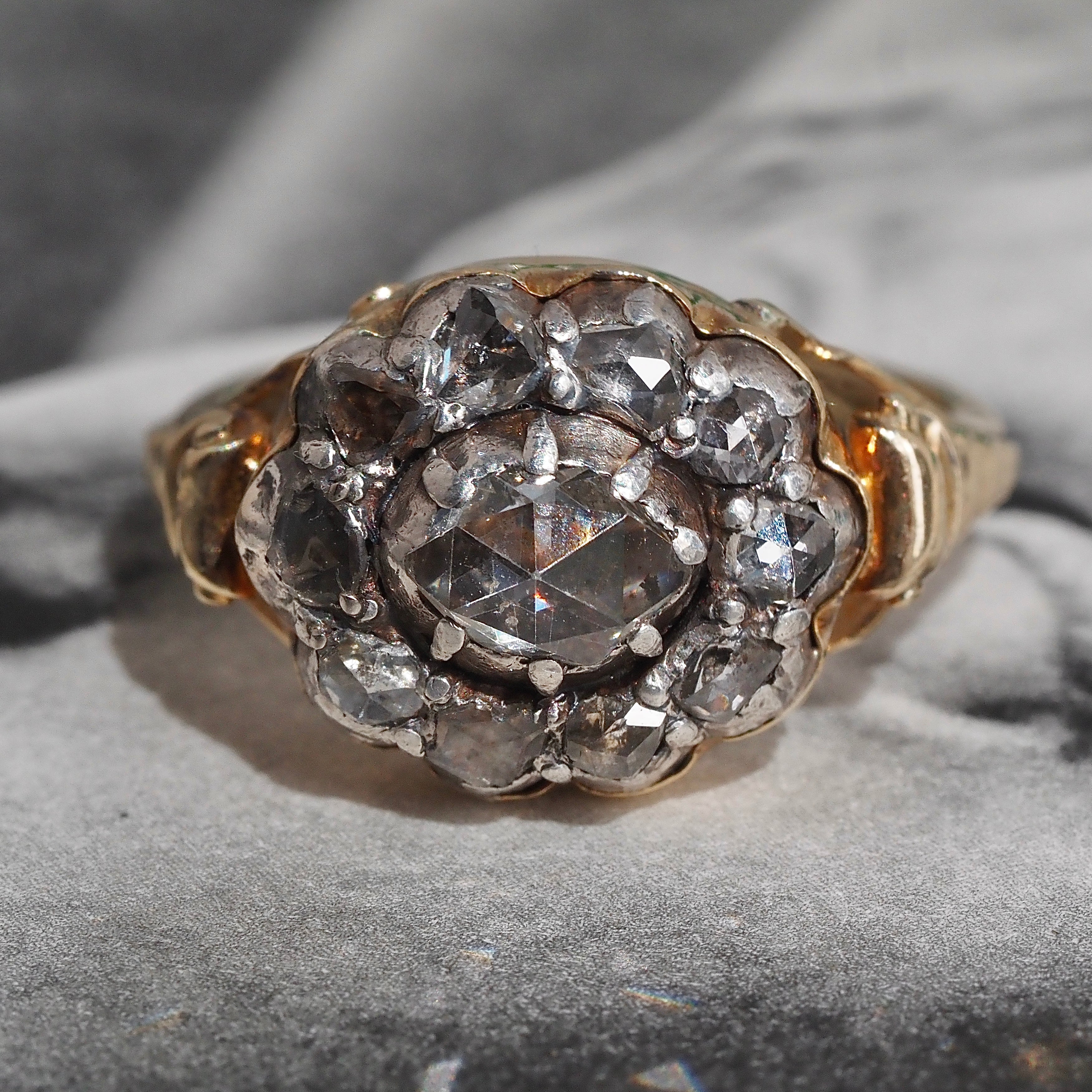 Antique Georgian c. 1800-1810 18k Gold Foil Backed Rose Cut Diamond Cluster Ring