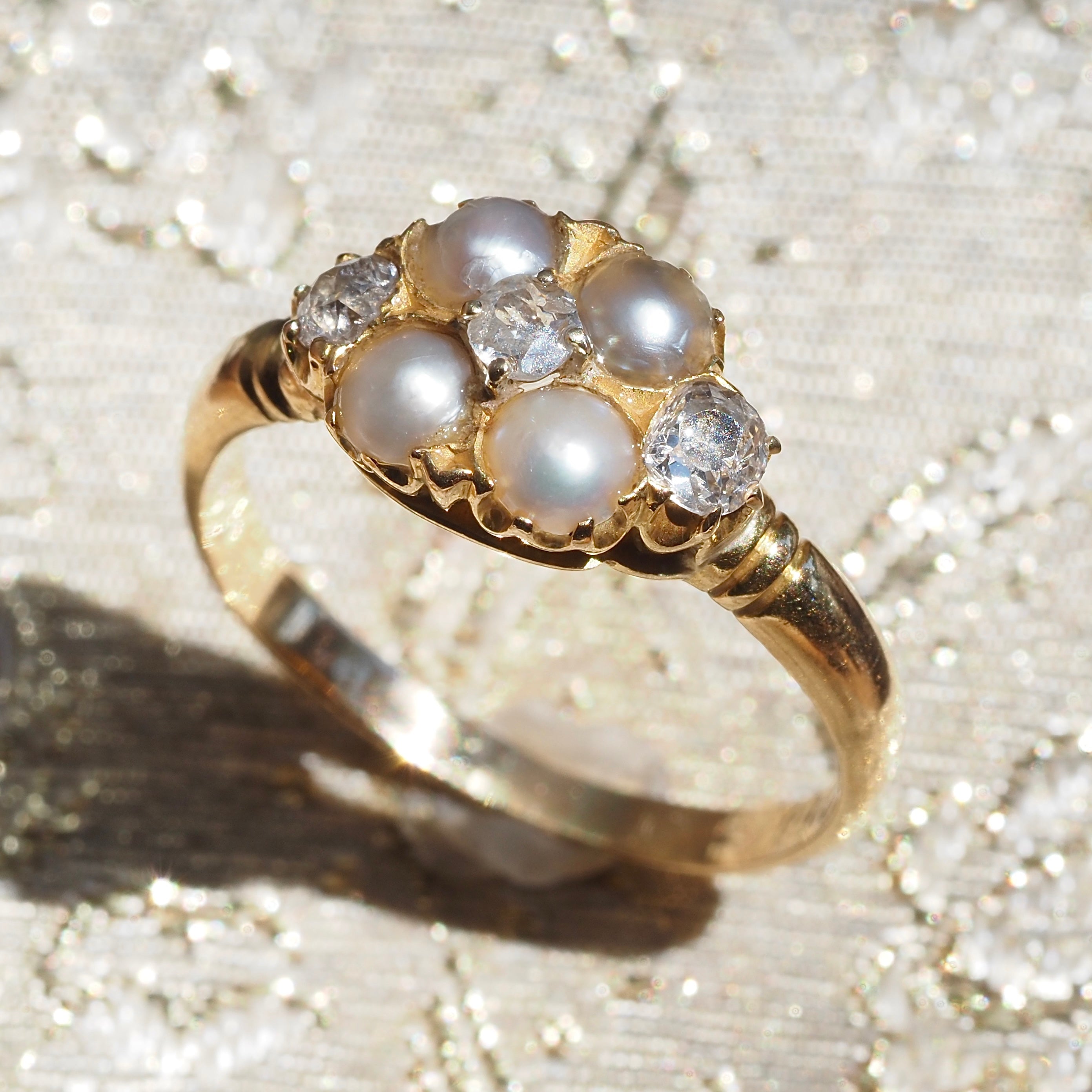 Early Victorian English Natural Grey Pearl Old Mine Cut Diamond Cluster 18k Gold Ring