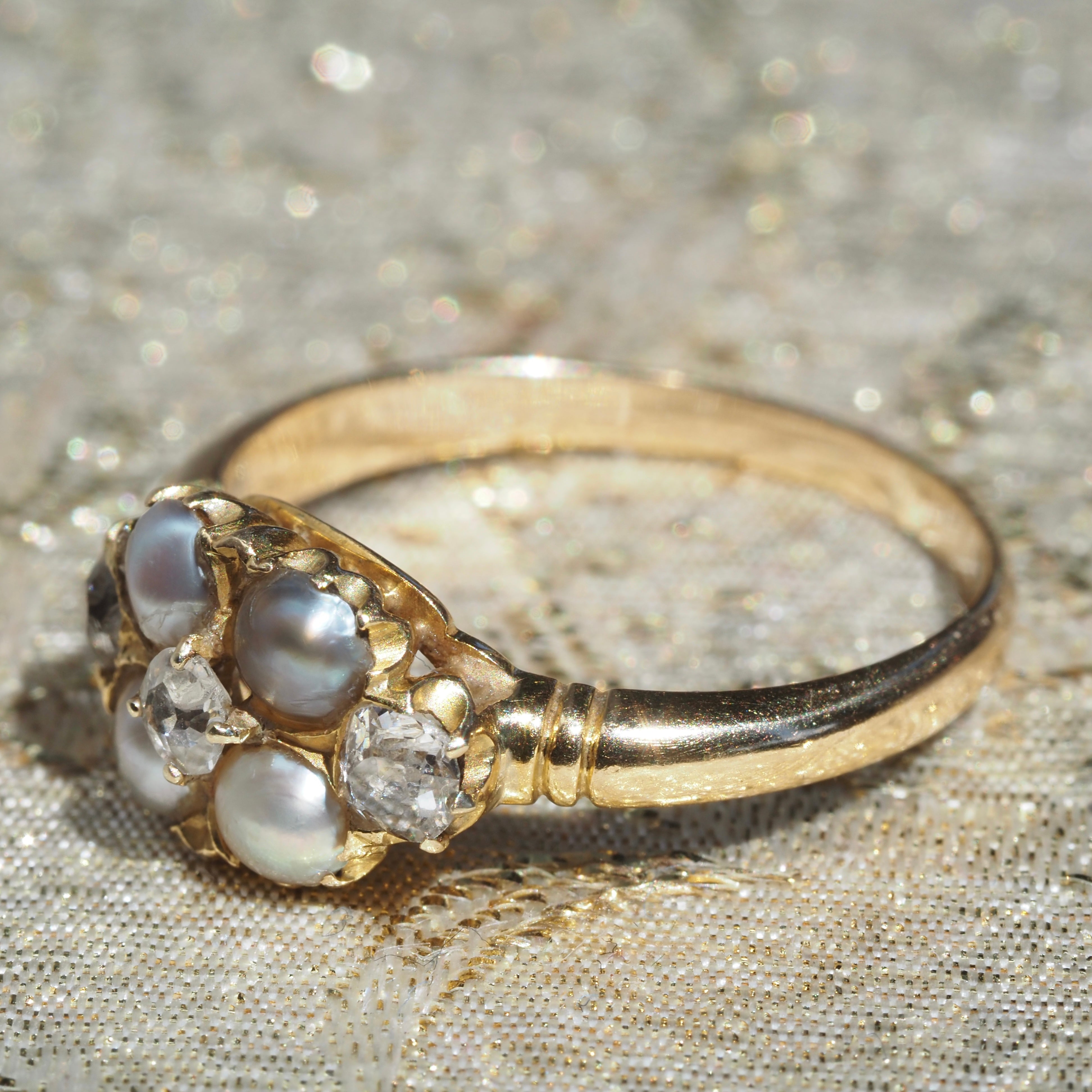 Early Victorian English Natural Grey Pearl Old Mine Cut Diamond Cluster 18k Gold Ring