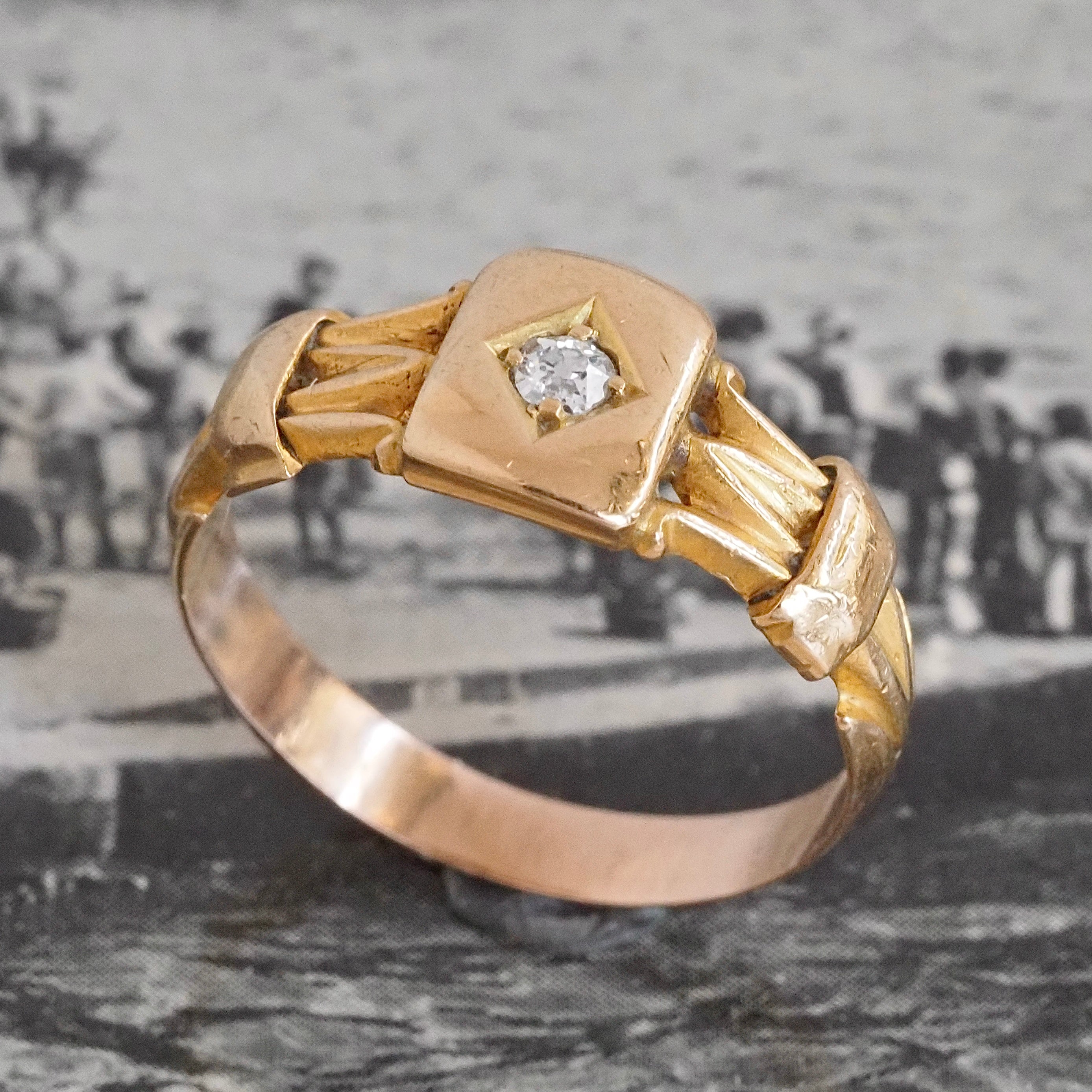 Antique Old Mine Cut Diamond 18k Gold Ornate Signet Ring