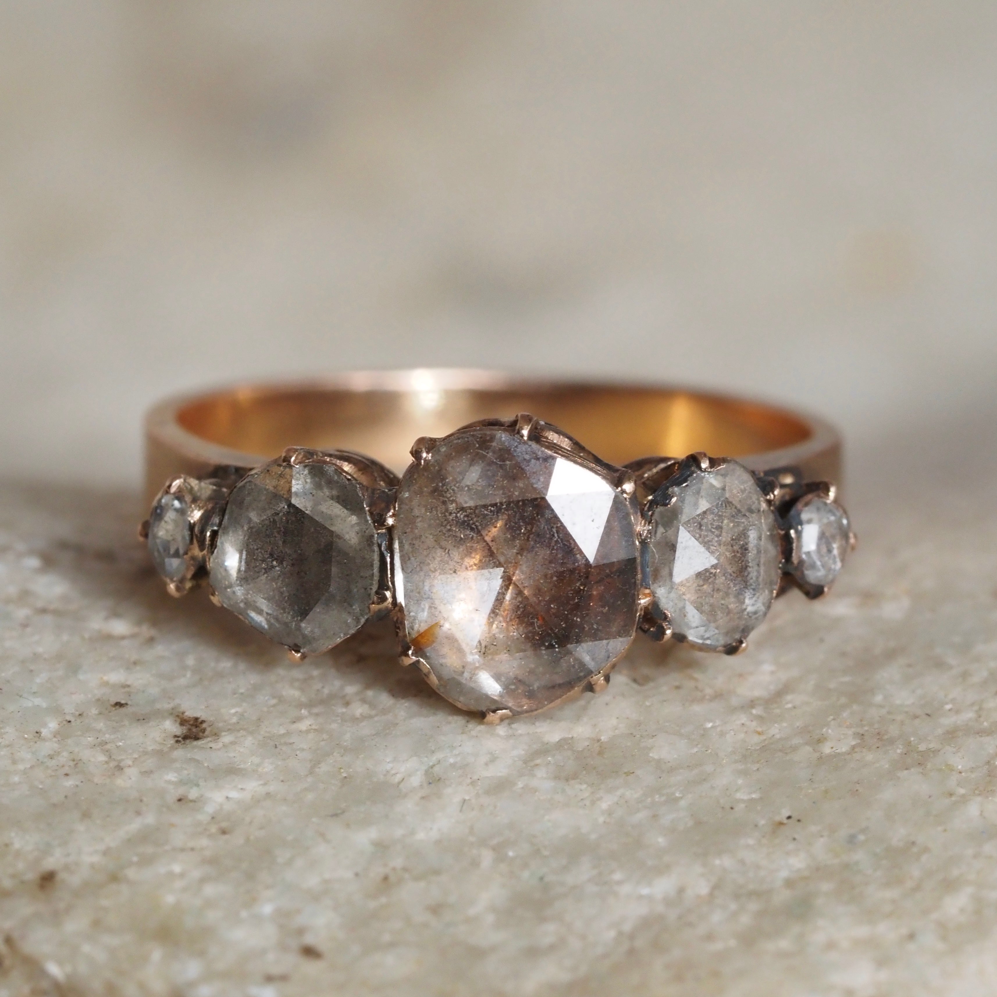 Antique Victorian French Foil Backed Rose Cut Diamond 18k Rose Gold Five Stone Ring