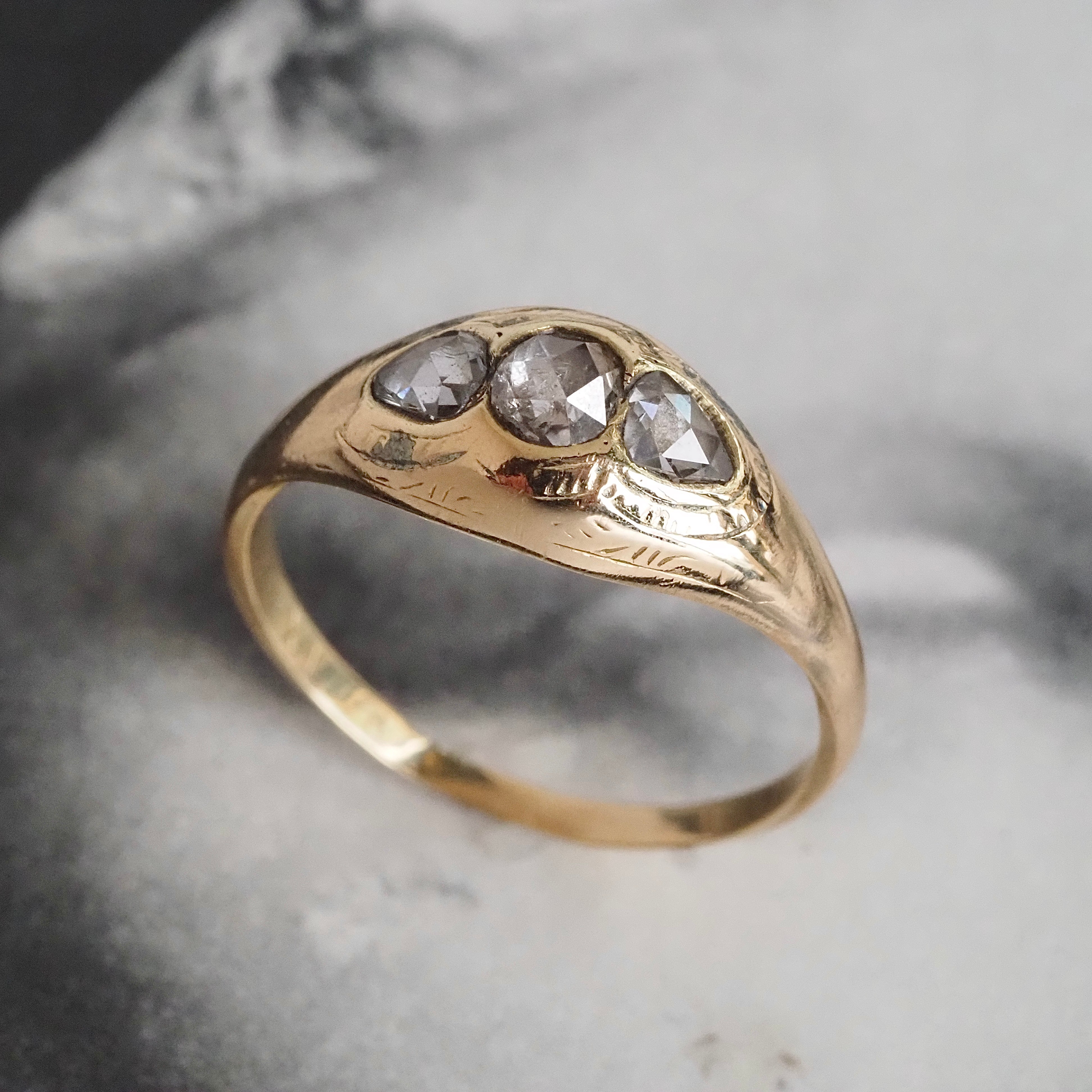 Antique French Rose Cut Diamond Trilogy 18k Gold Ring
