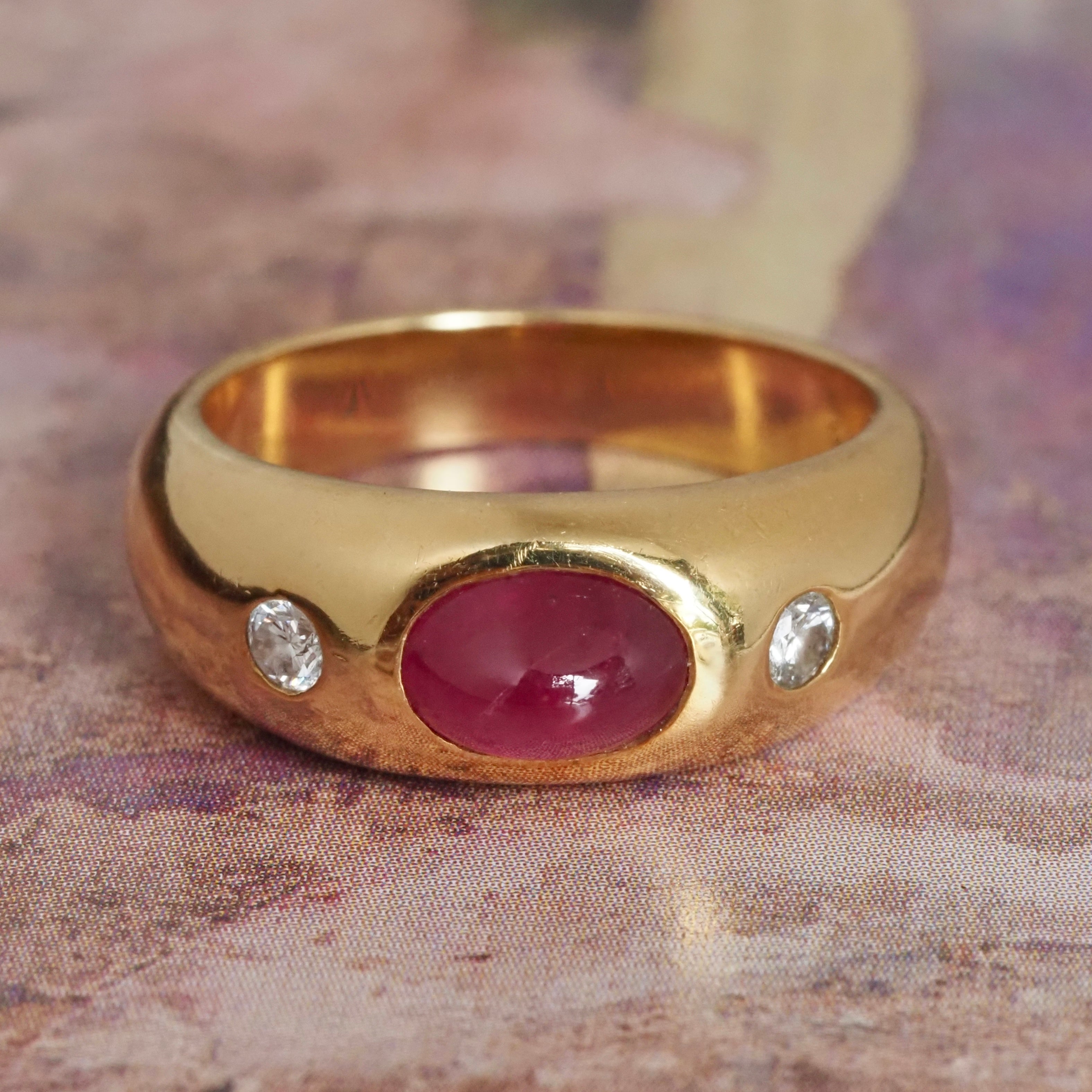 Vintage Natural Ruby and Diamond Flush Set 18k Gold Dome Ring