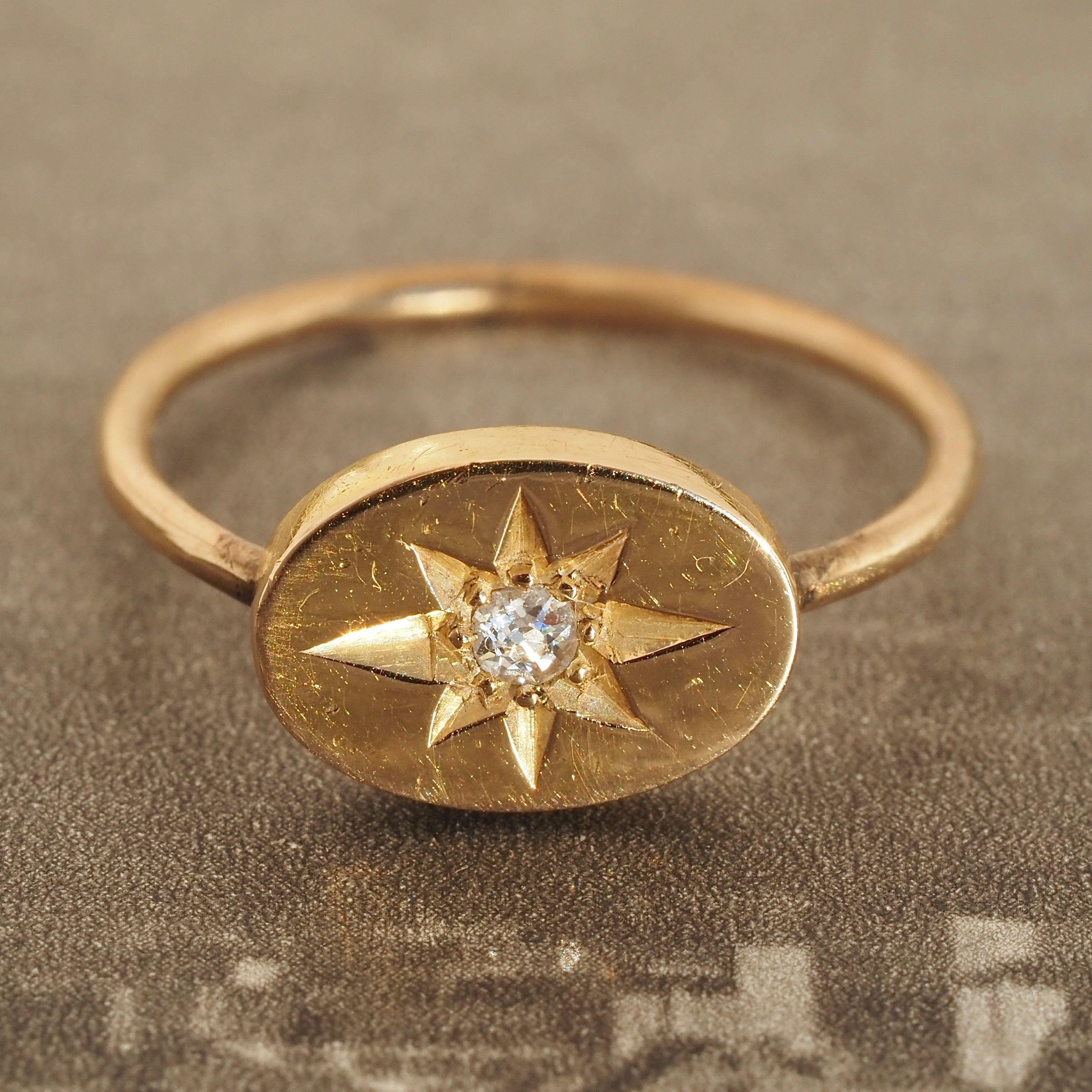 Antique English Old Mine Cut Diamond Starburst 15k Gold Ring