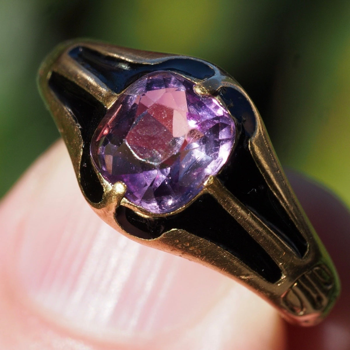 Antique c. 1844-45 Victorian English Amethyst and Black Enamel 14k Gold Ring