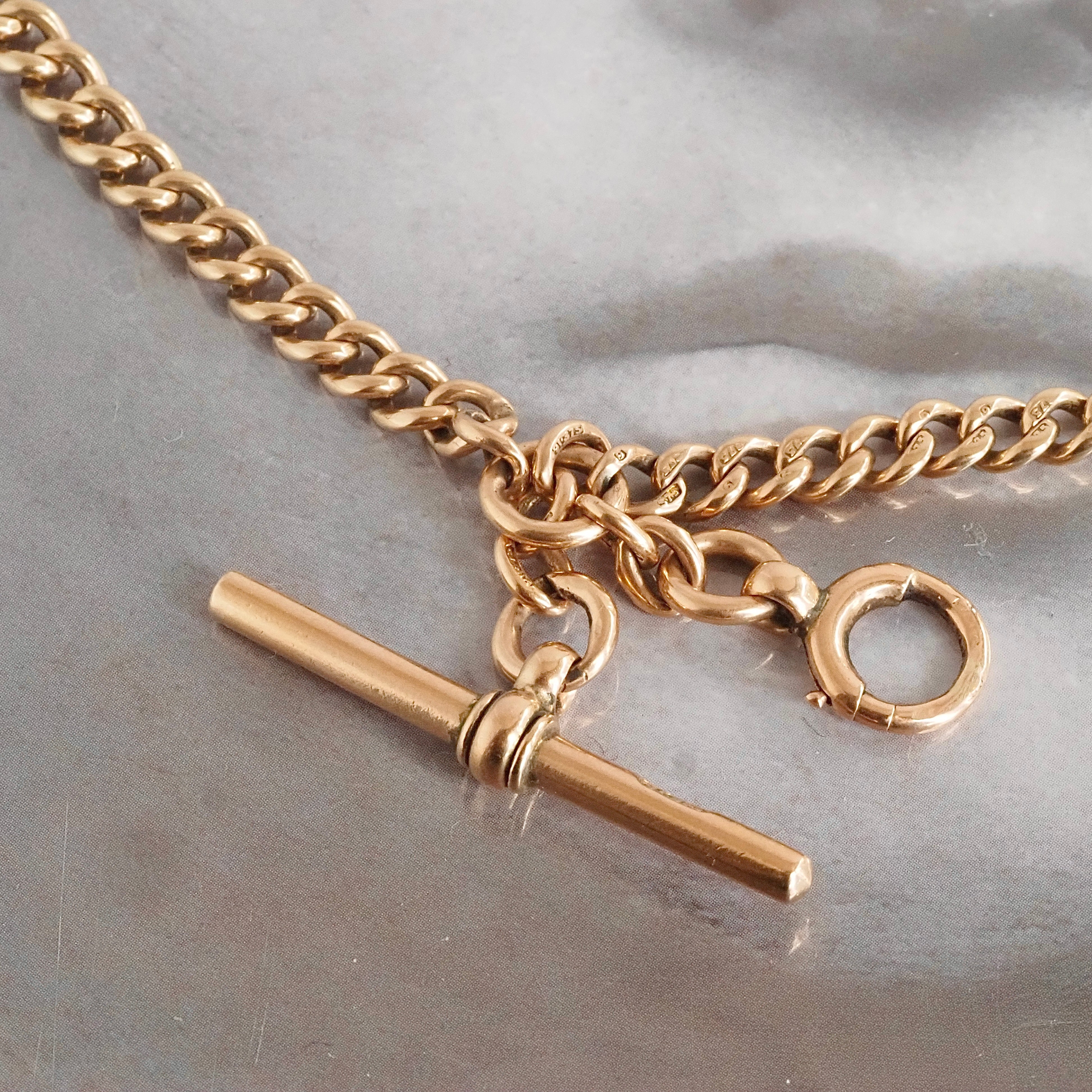 Antique English Graduated Curb Watch Chain Necklace with T-Bar and Bol