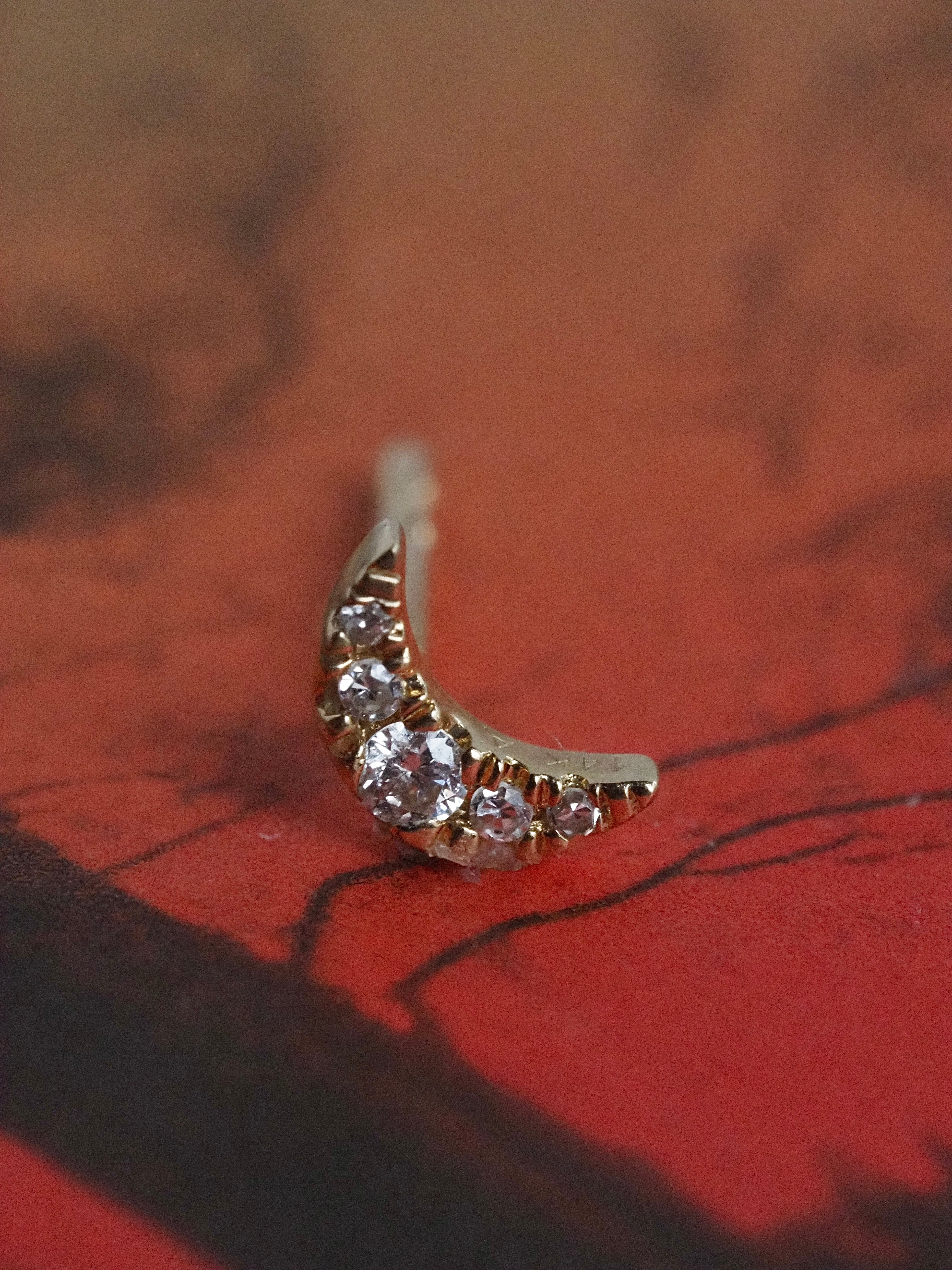 Vintage Diamond Crescent Moon 14k Gold Studs