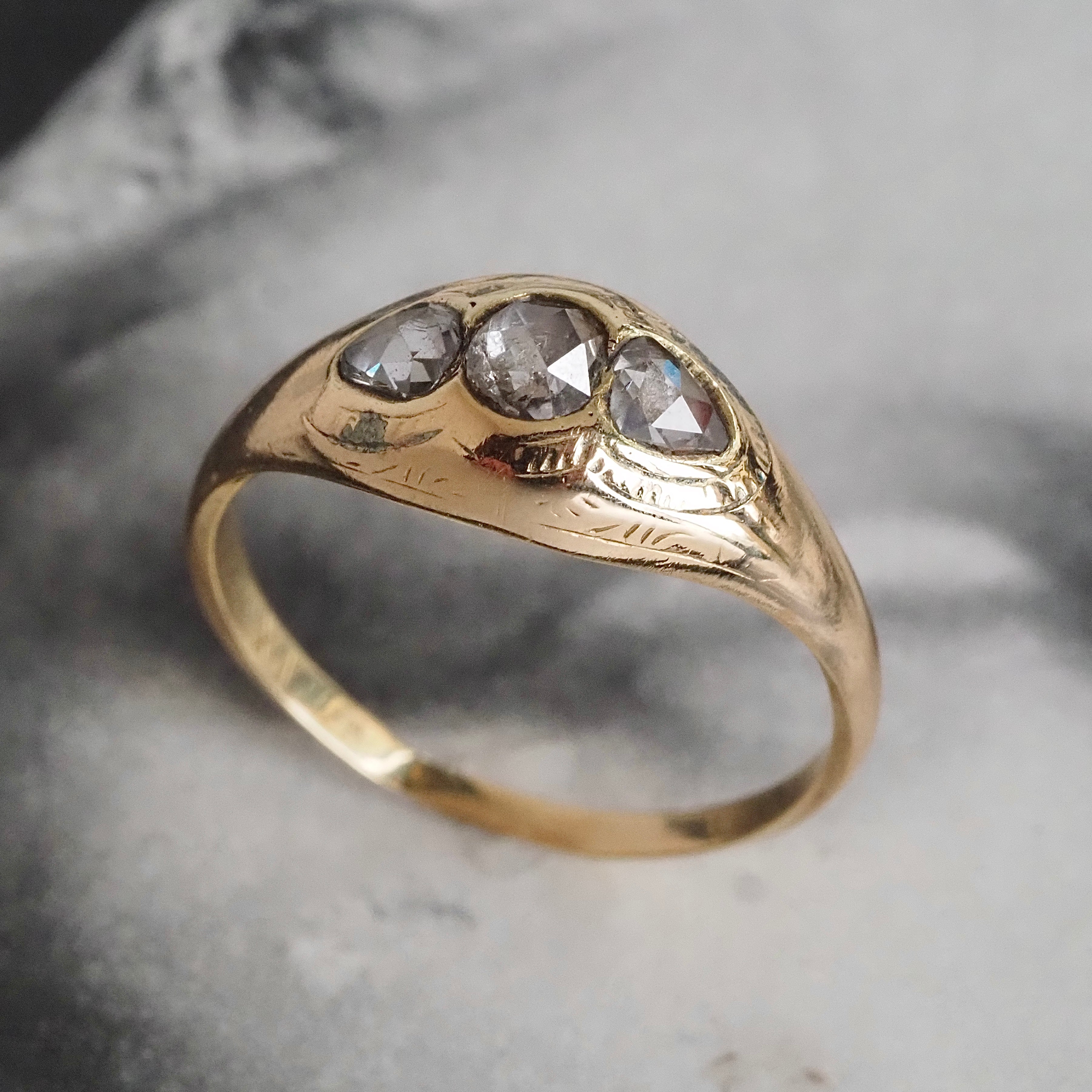 Antique French Rose Cut Diamond Trilogy 18k Gold Ring