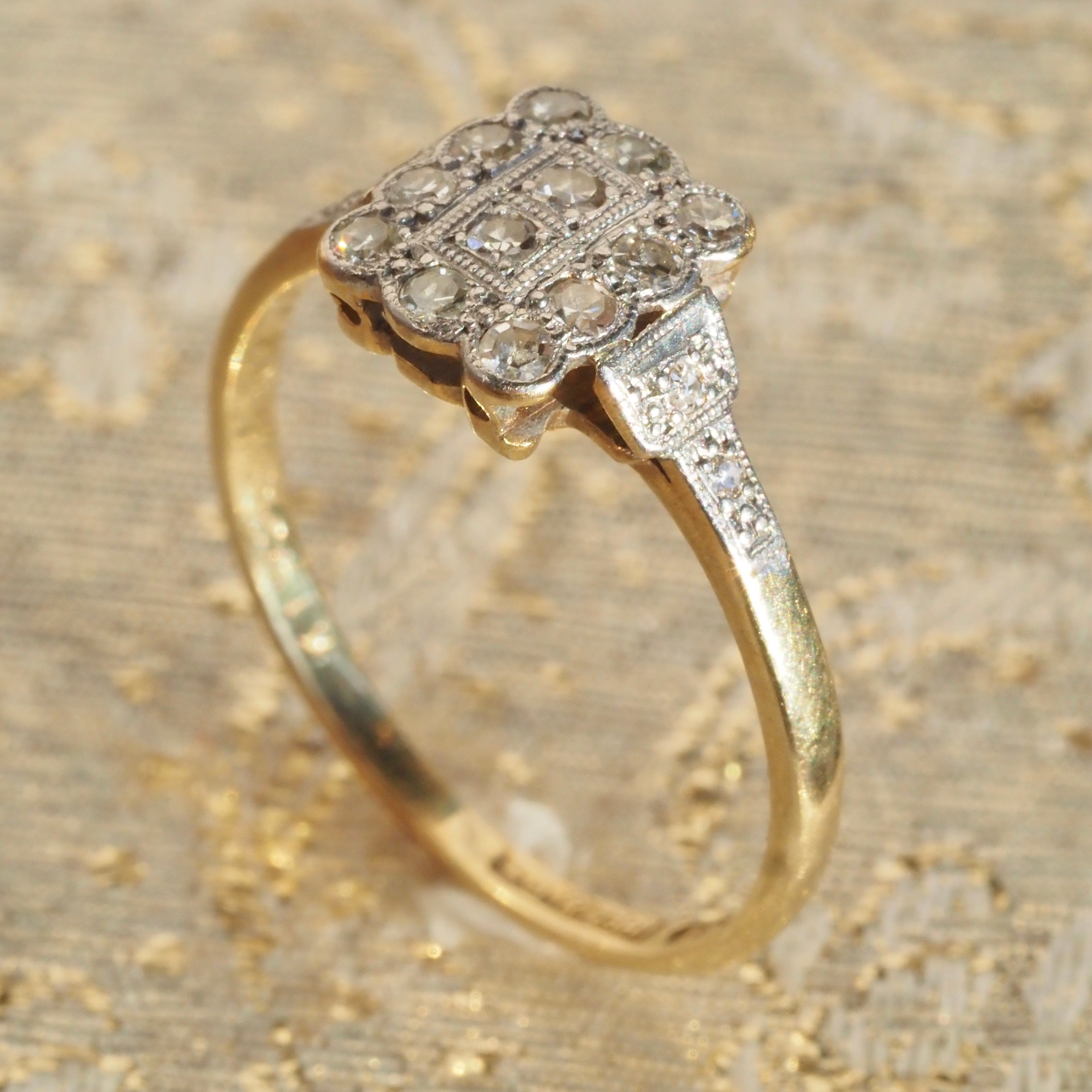 Antique Edwardian English Scalloped Square Diamond 18k Gold and Platinum Engagement Ring