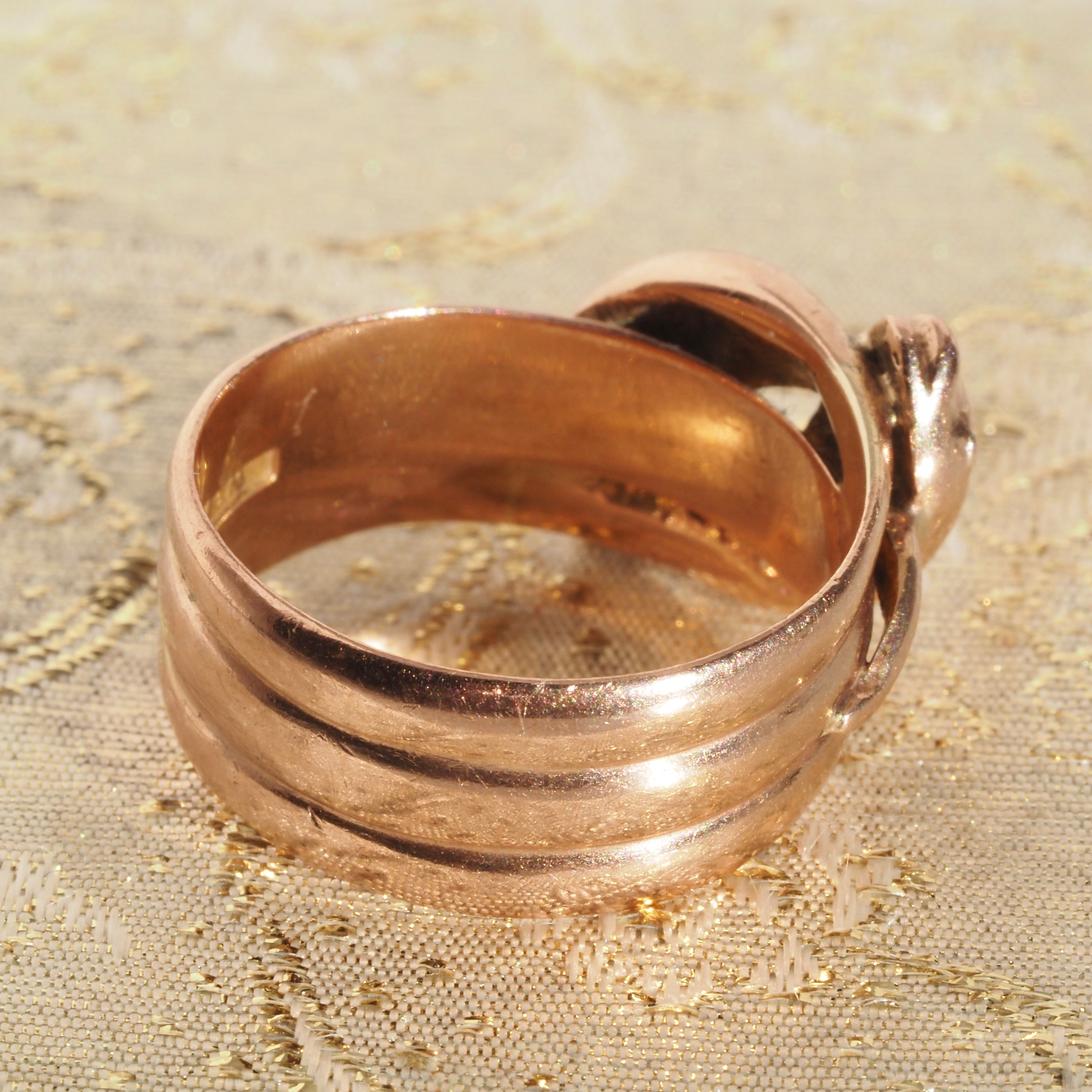 Antique c. 1904 English Old Mine Cut Diamond and Sapphire Double Snake 9k Rose Gold Ring