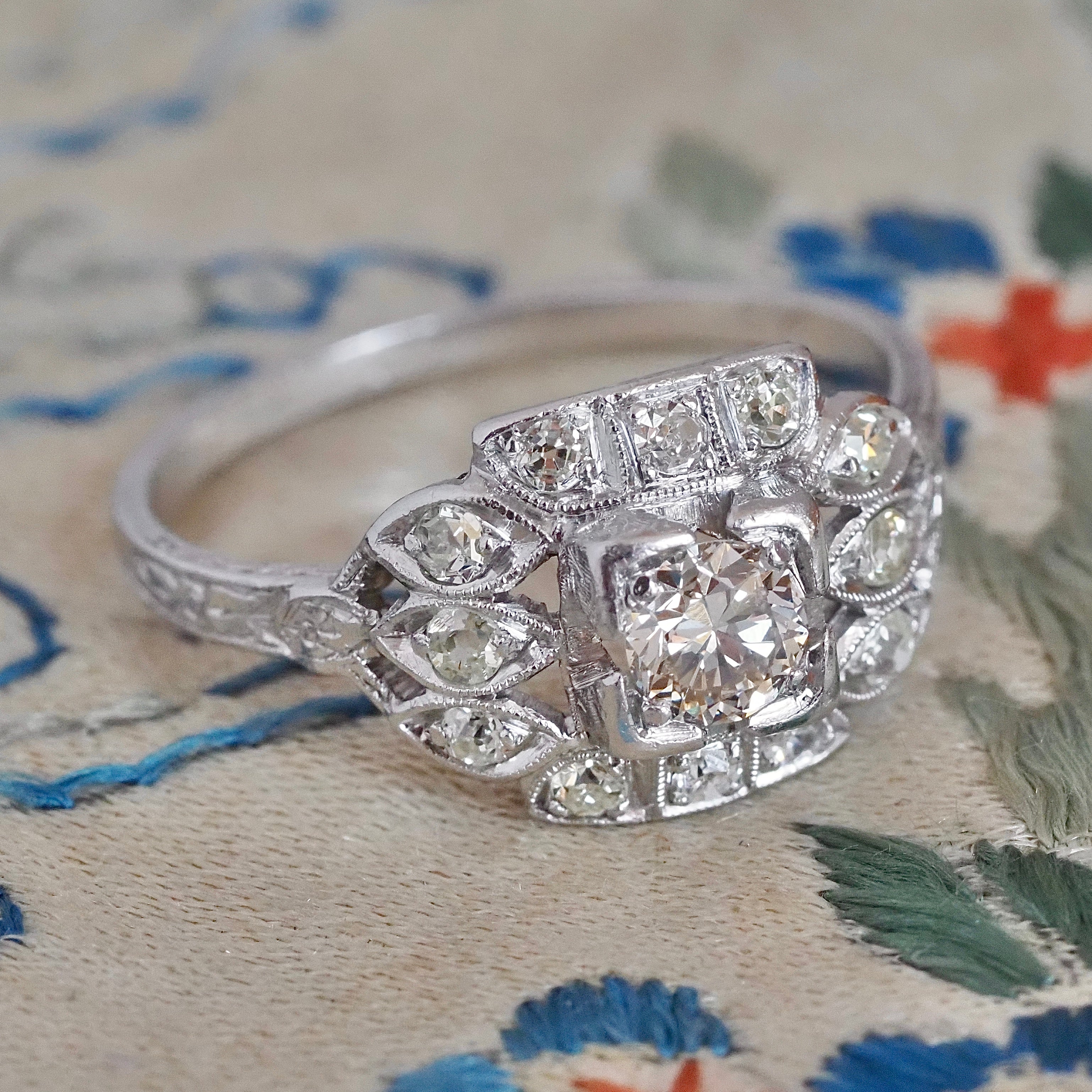 Antique Art Deco Platinum Old European Cut Diamond Shield Ring