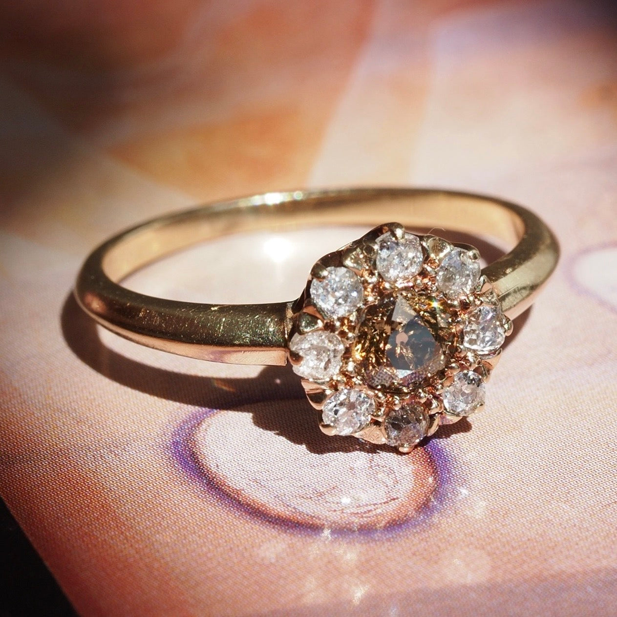 Antique Edwardian Brown Old European Cut Diamond Halo Cluster 14k Gold Engagement Ring