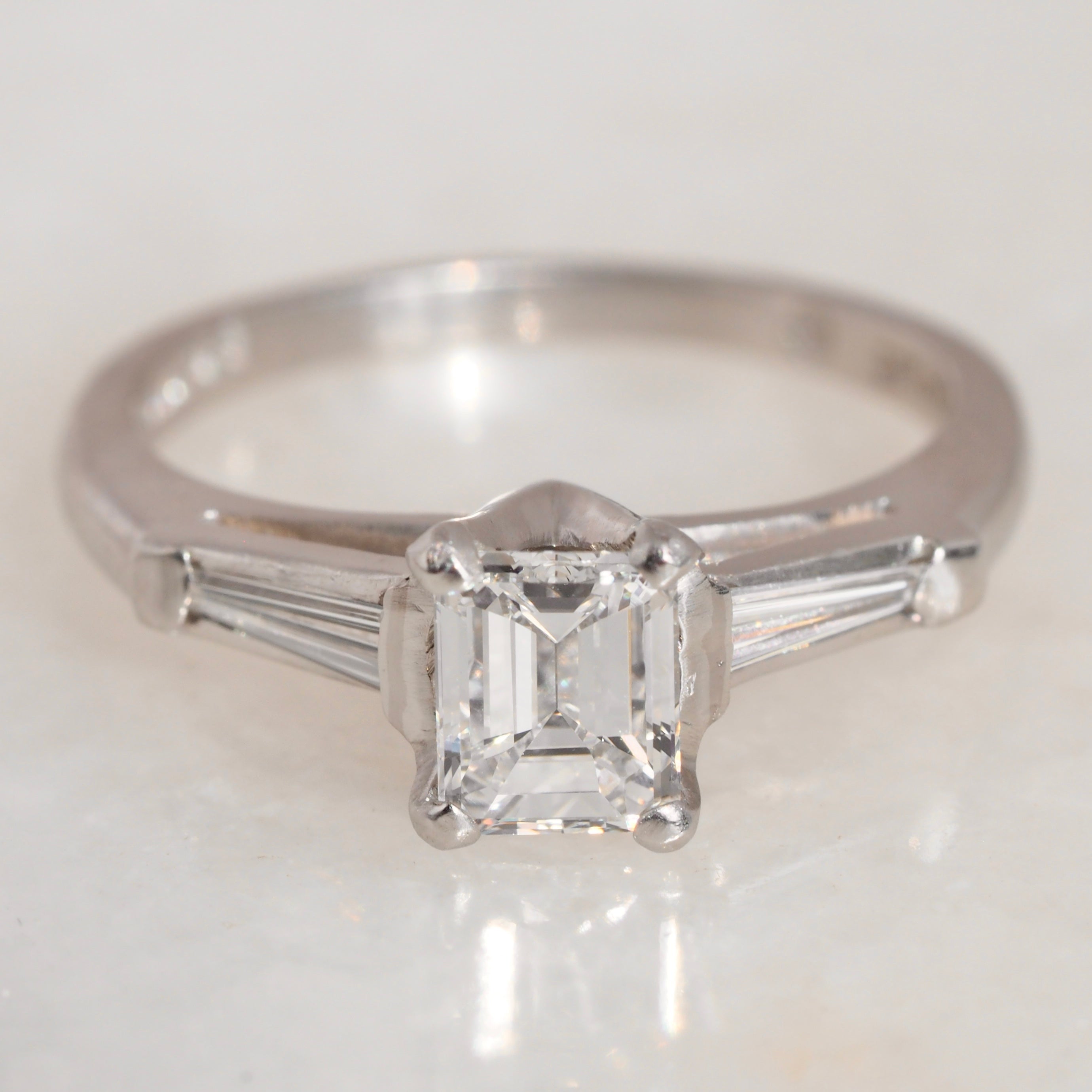 Vintage Platinum Emerald Cut & Tapered Baguette Diamond Engagement Ring