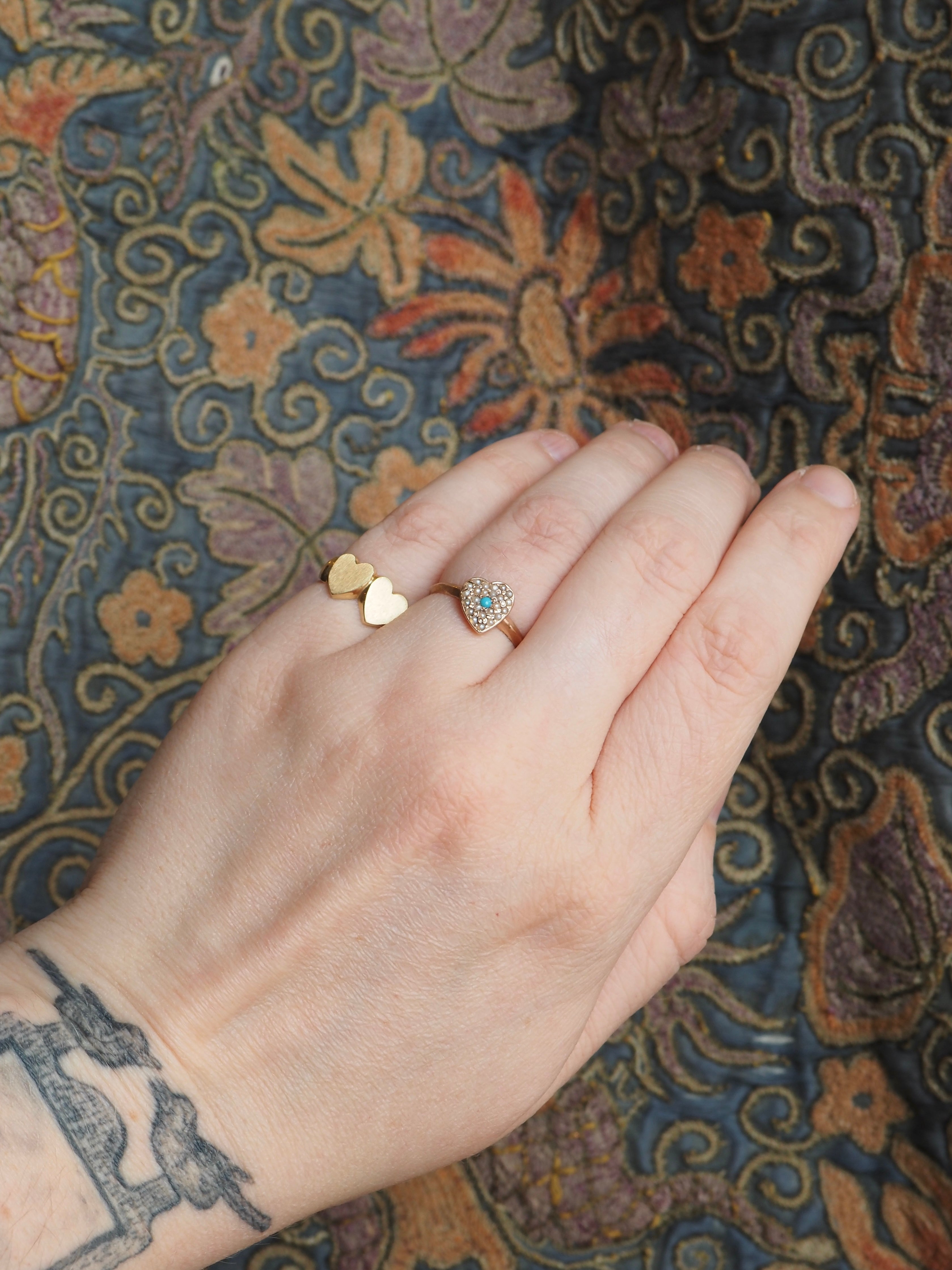 Vintage 10k Gold Turquoise & Seed Pearl Heart Ring