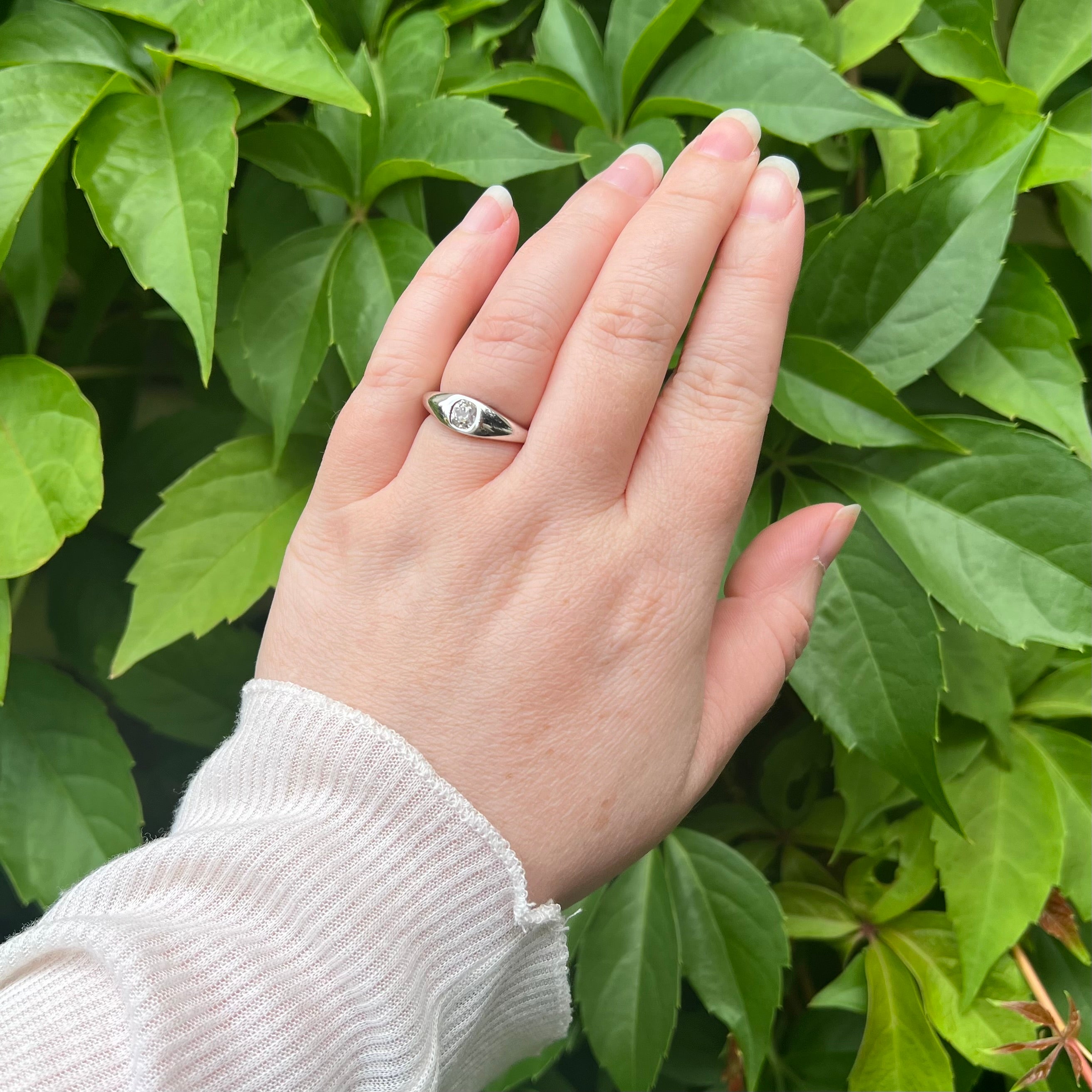 Vintage Old Mine Cushion Cut Diamond Flush Set 18k White Gold Engagement Ring