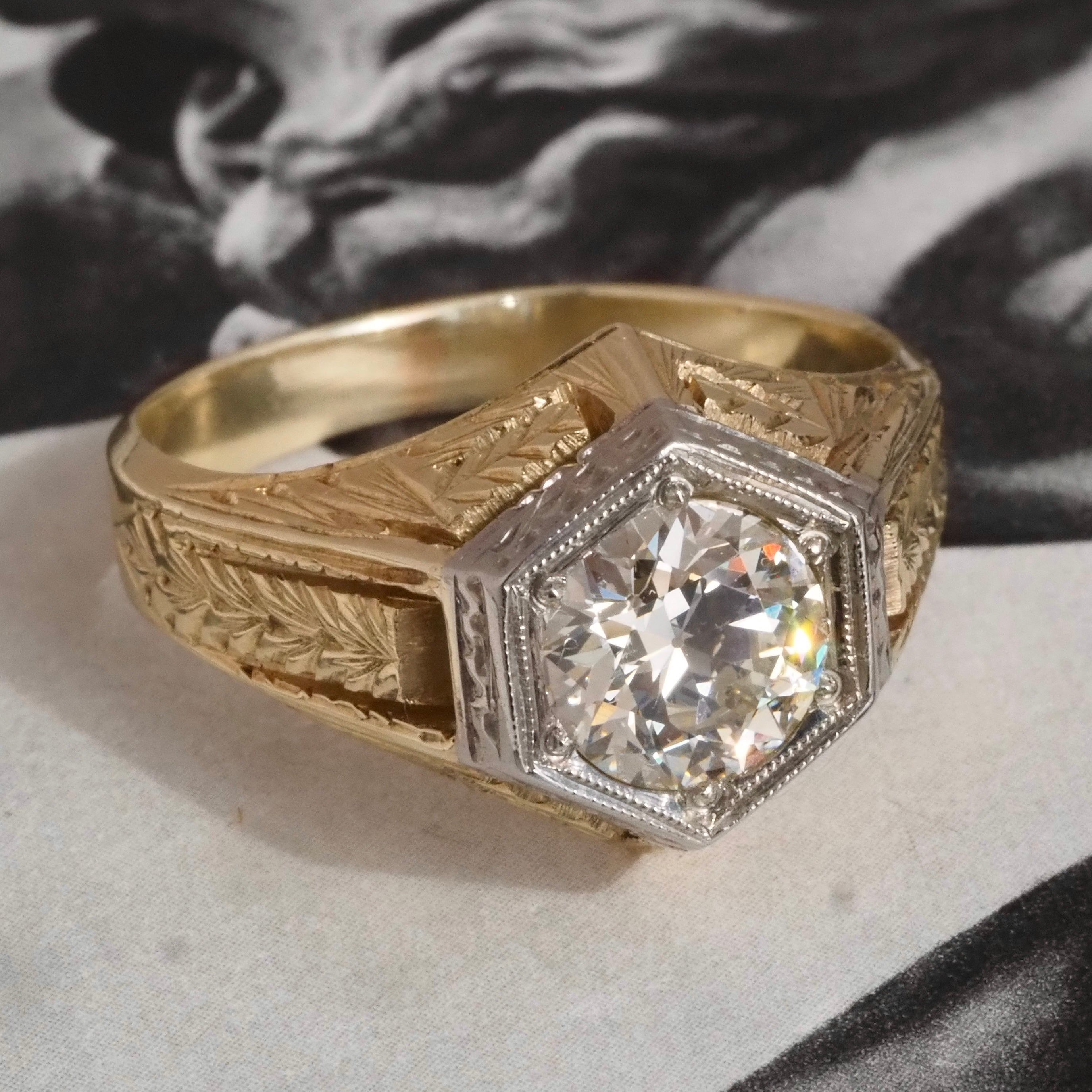 Antique Art Deco 1.22ct Old European Cut Diamond Hexagonal 14k Gold Engagement Ring