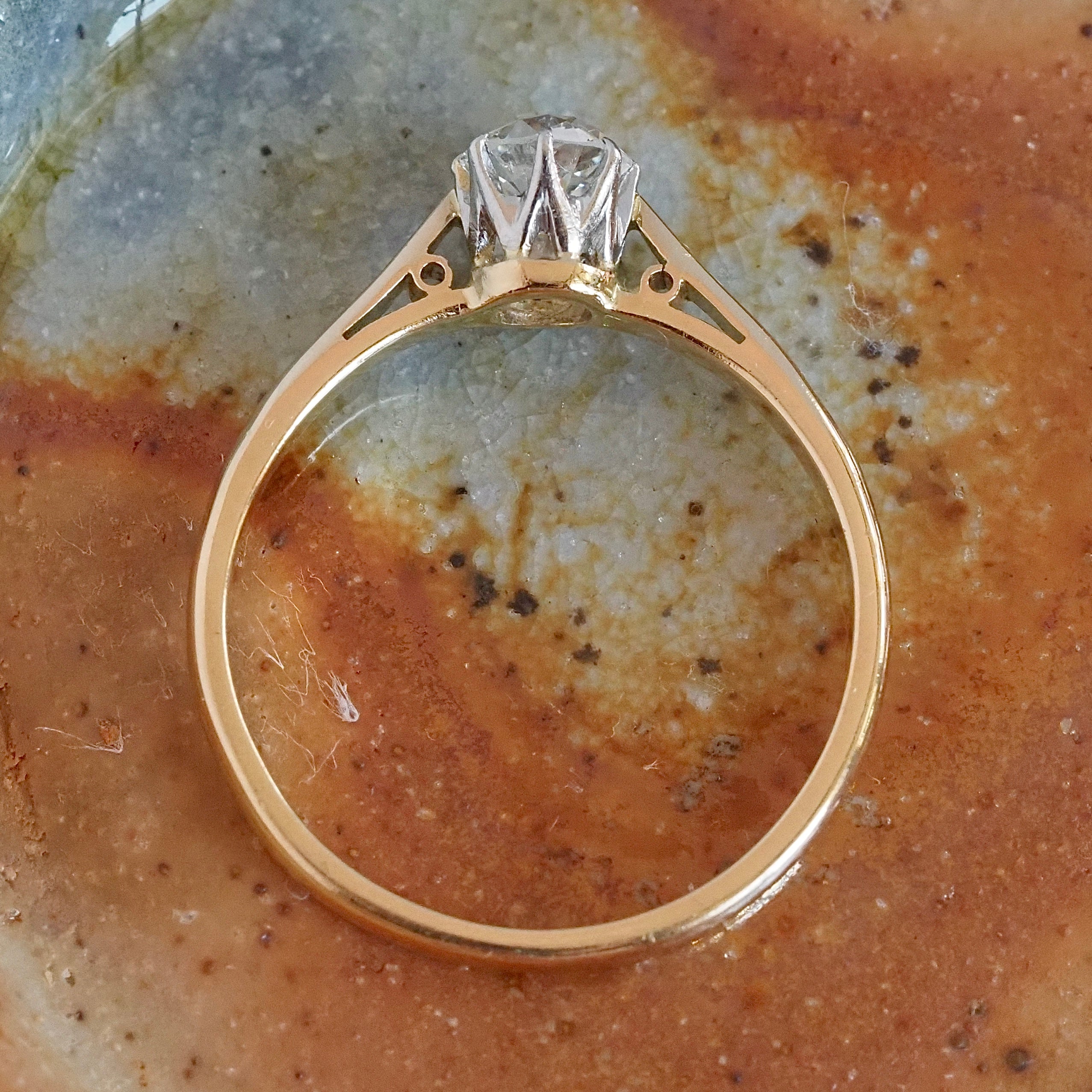 Antique 18k Gold and Platinum Old Mine Cut Diamond Solitaire Ring