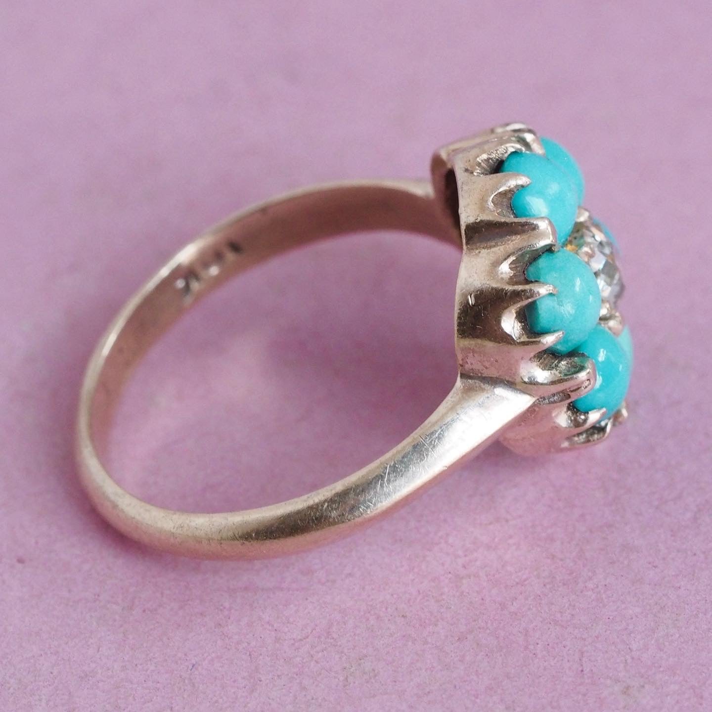 Victorian 10k Gold Turquoise and Old Mine Cut Diamond Flower Ring