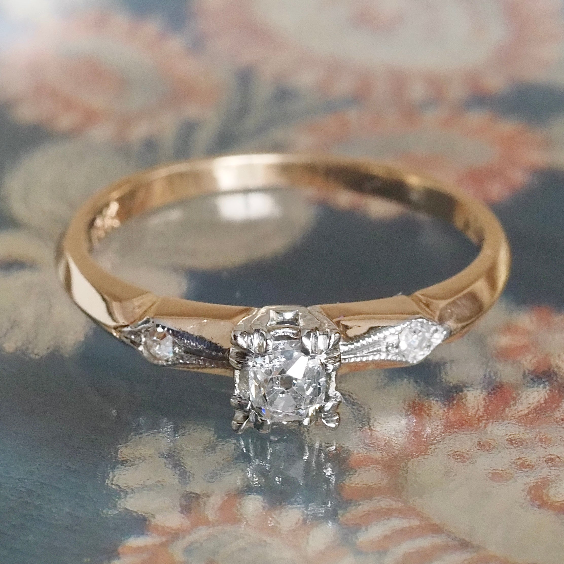 Late Deco 14k Gold Old Mine Cut Diamond Solitaire Ring