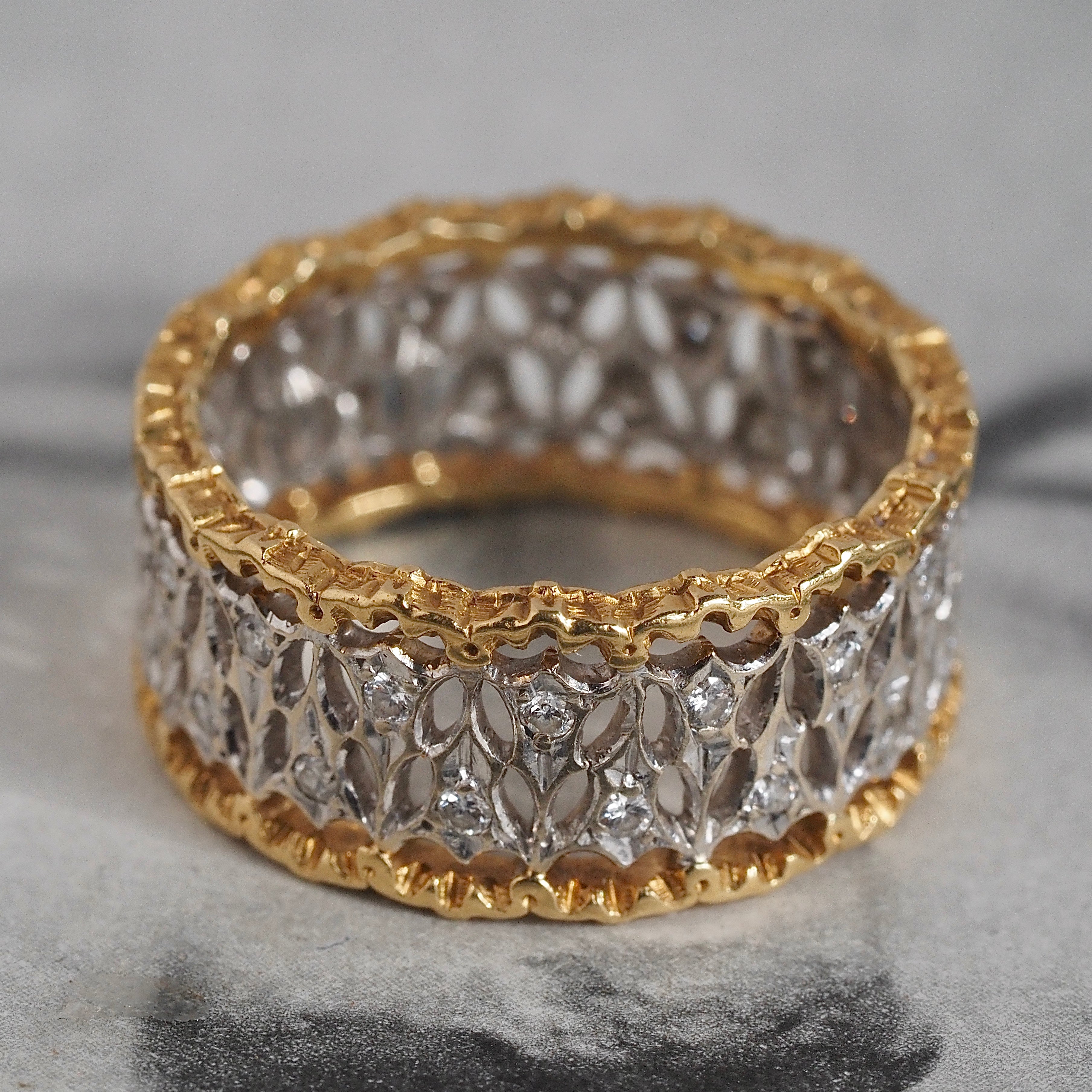Vintage Italian 18k White and Yellow Gold Diamond Wide Lattice Open Work Band