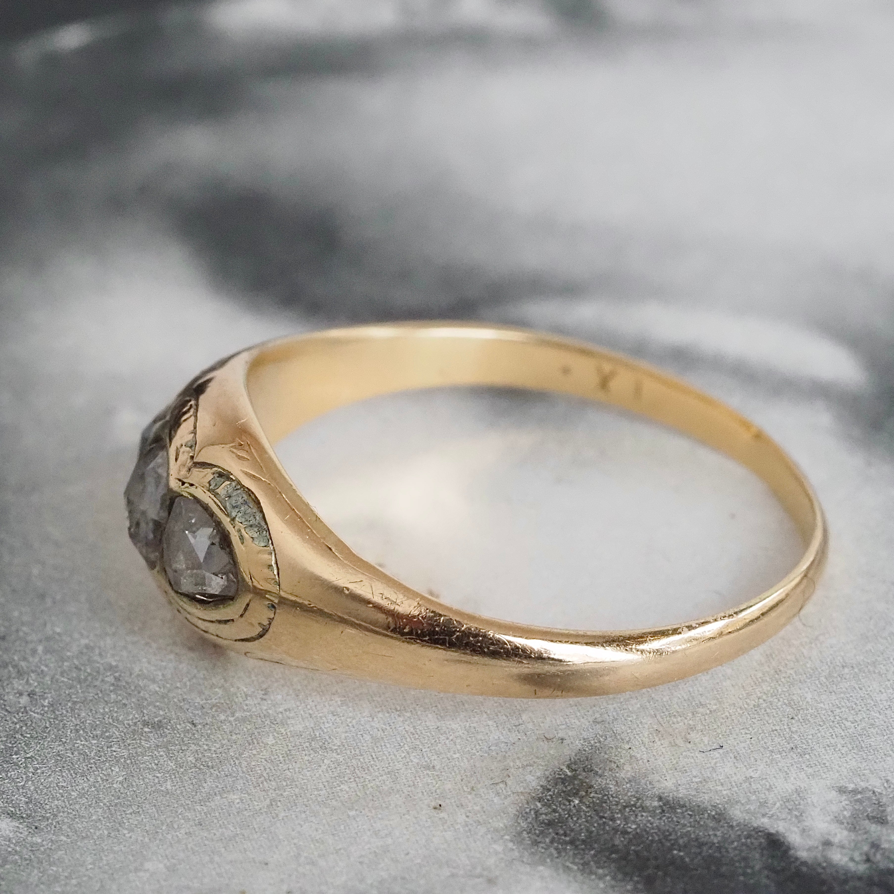 Antique French Rose Cut Diamond Trilogy 18k Gold Ring