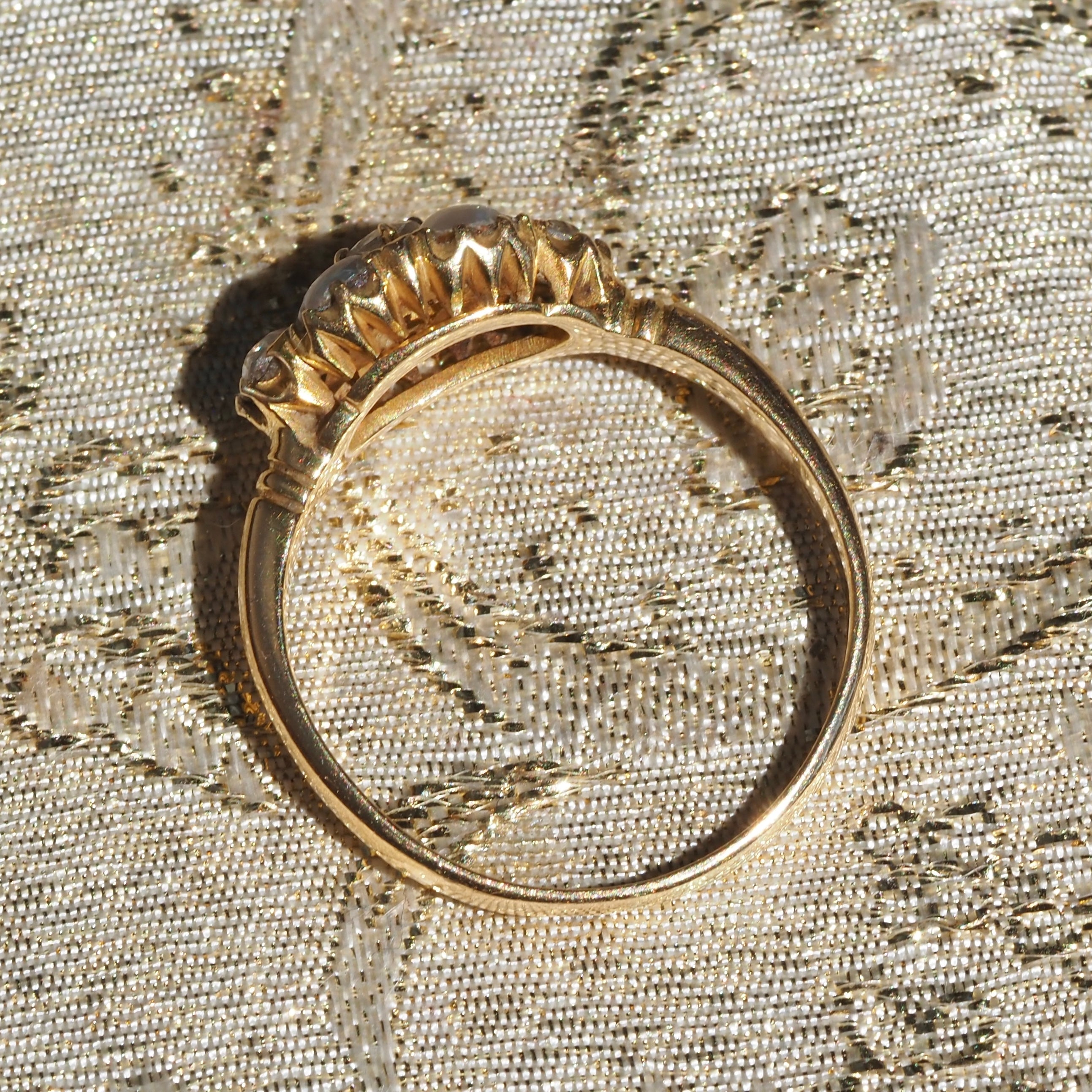 Early Victorian English Natural Grey Pearl Old Mine Cut Diamond Cluster 18k Gold Ring