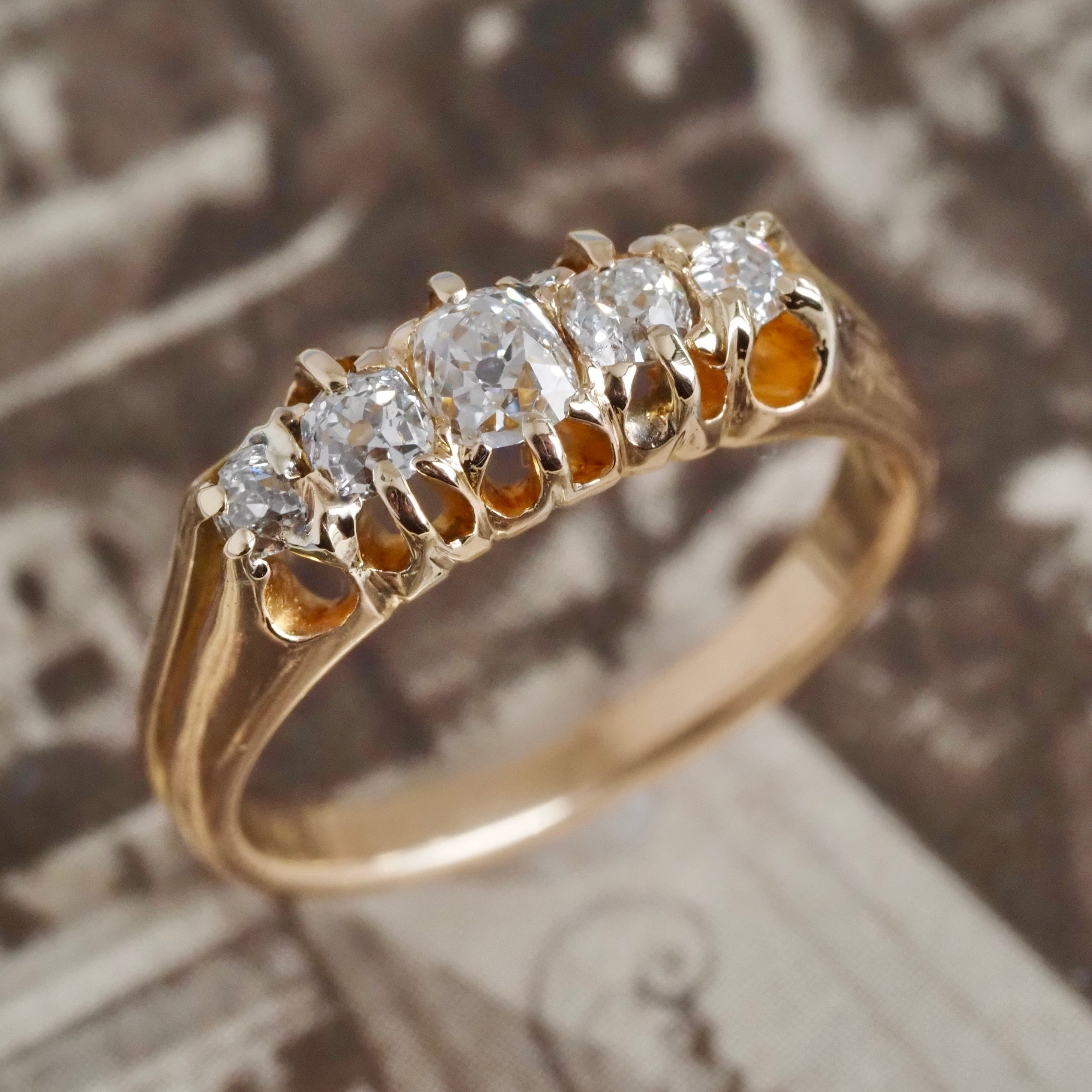 Antique c. 1890s Five Stone Cushion Old Mine Cut Diamond 14k Gold Engagement Ring