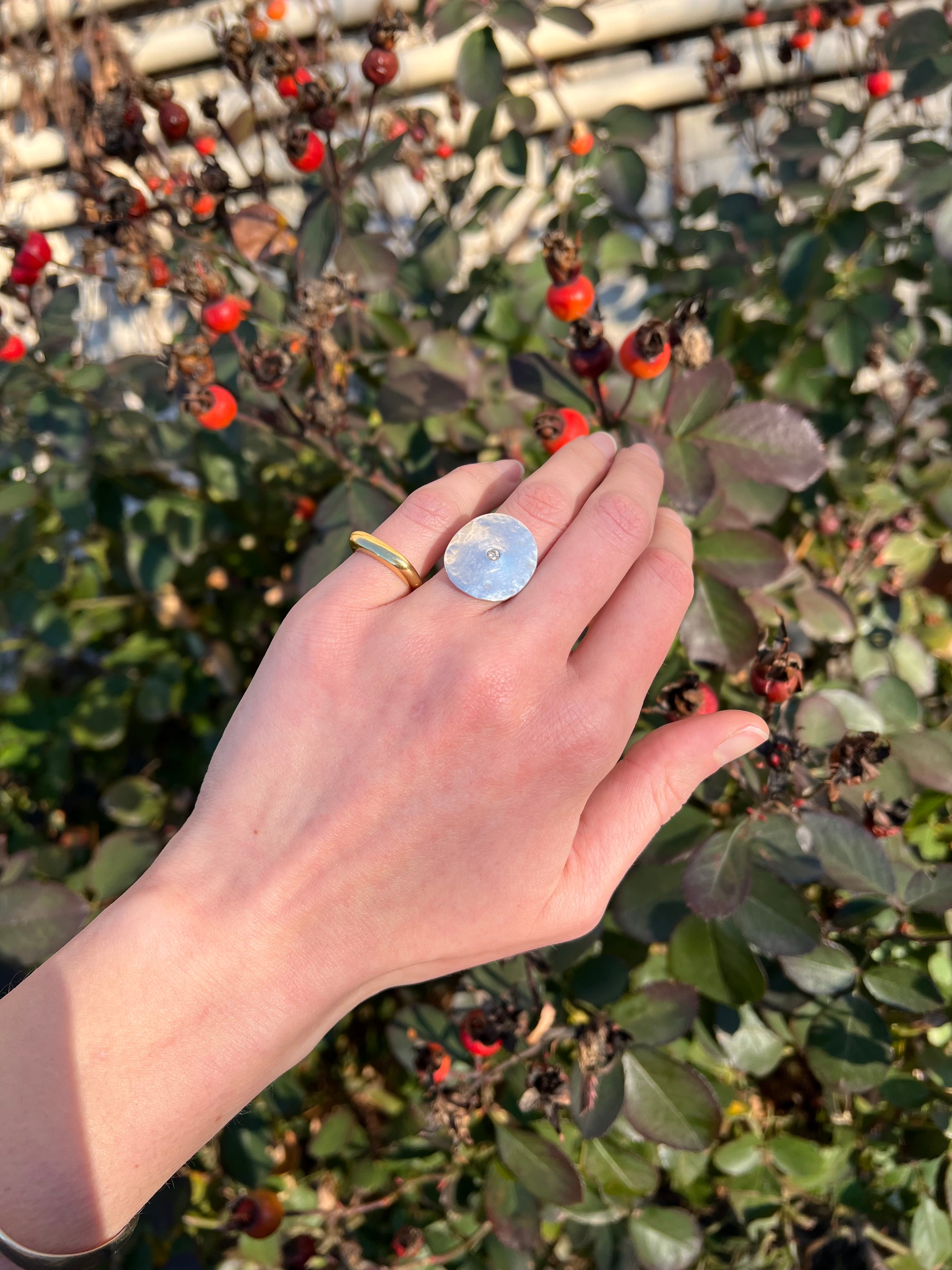 Vintage Sterling Silver Hammered Shield with diamond Ring