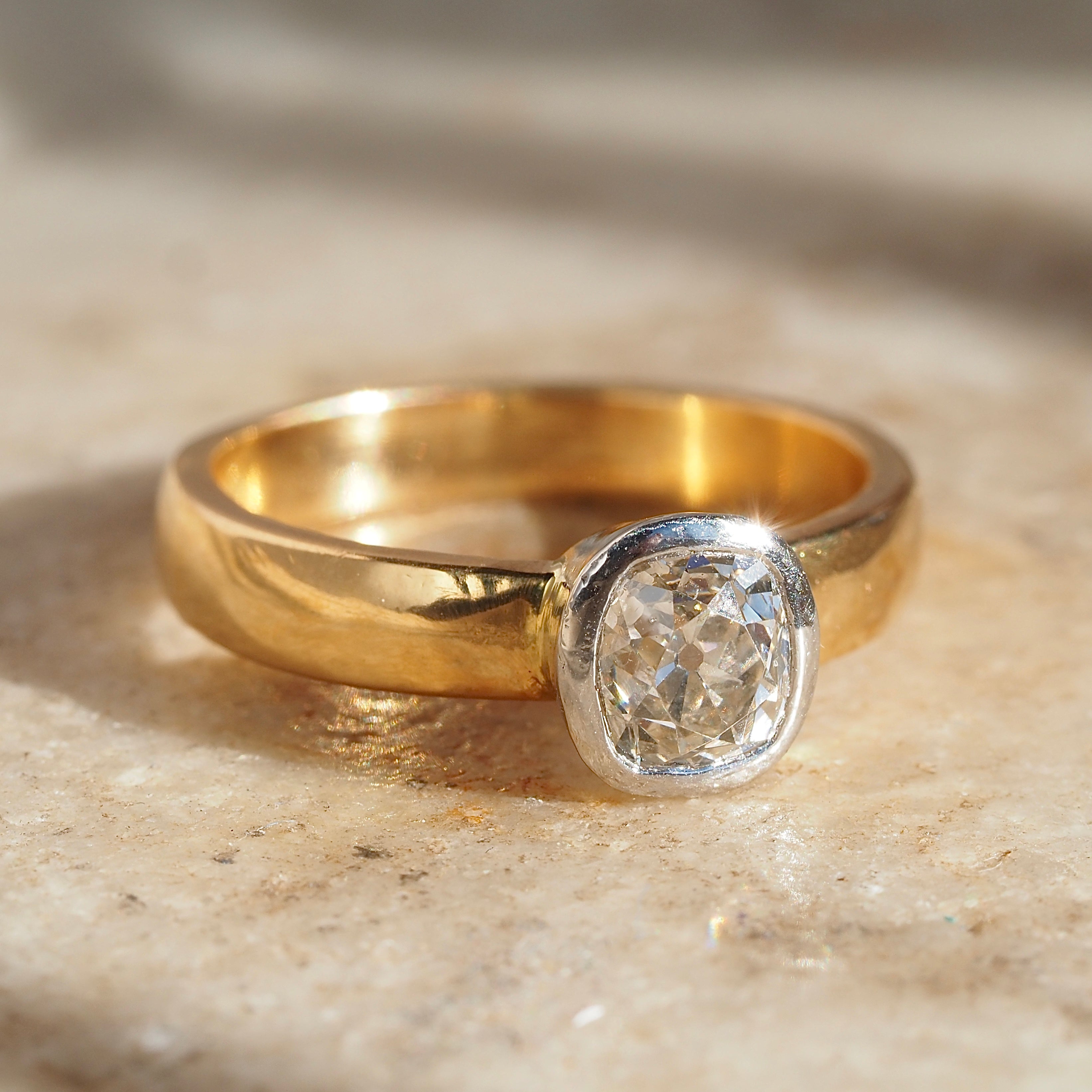 Vintage English 22k Gold Platinum Bezel Set 1.10ct Old Mine Cut Diamond Engagement Ring