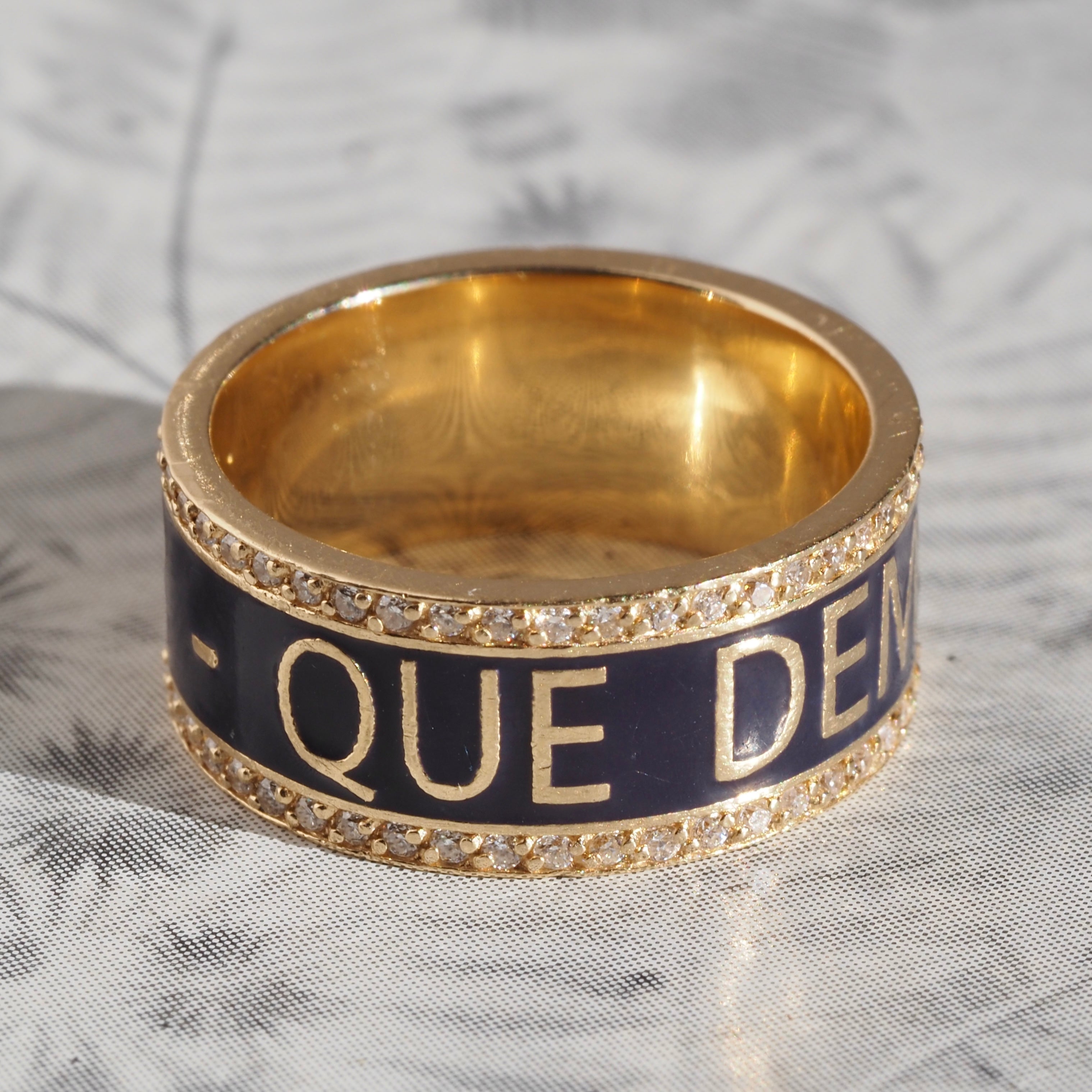 Qu'hier Que Demain "More Than Yesterday, Less Than Tomorrow" Blue Enamel and Diamond 14k Gold Band