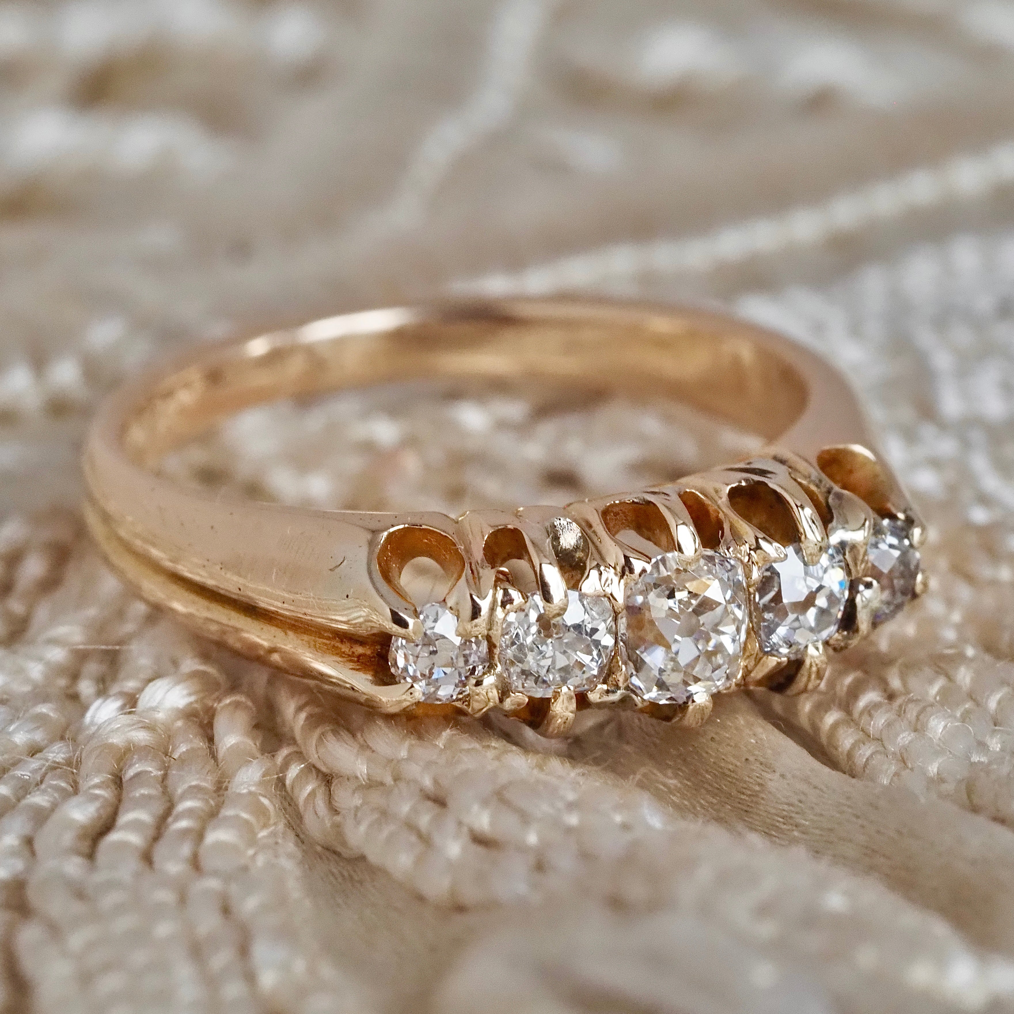Antique c. 1890s Five Stone Cushion Old Mine Cut Diamond 14k Gold Engagement Ring