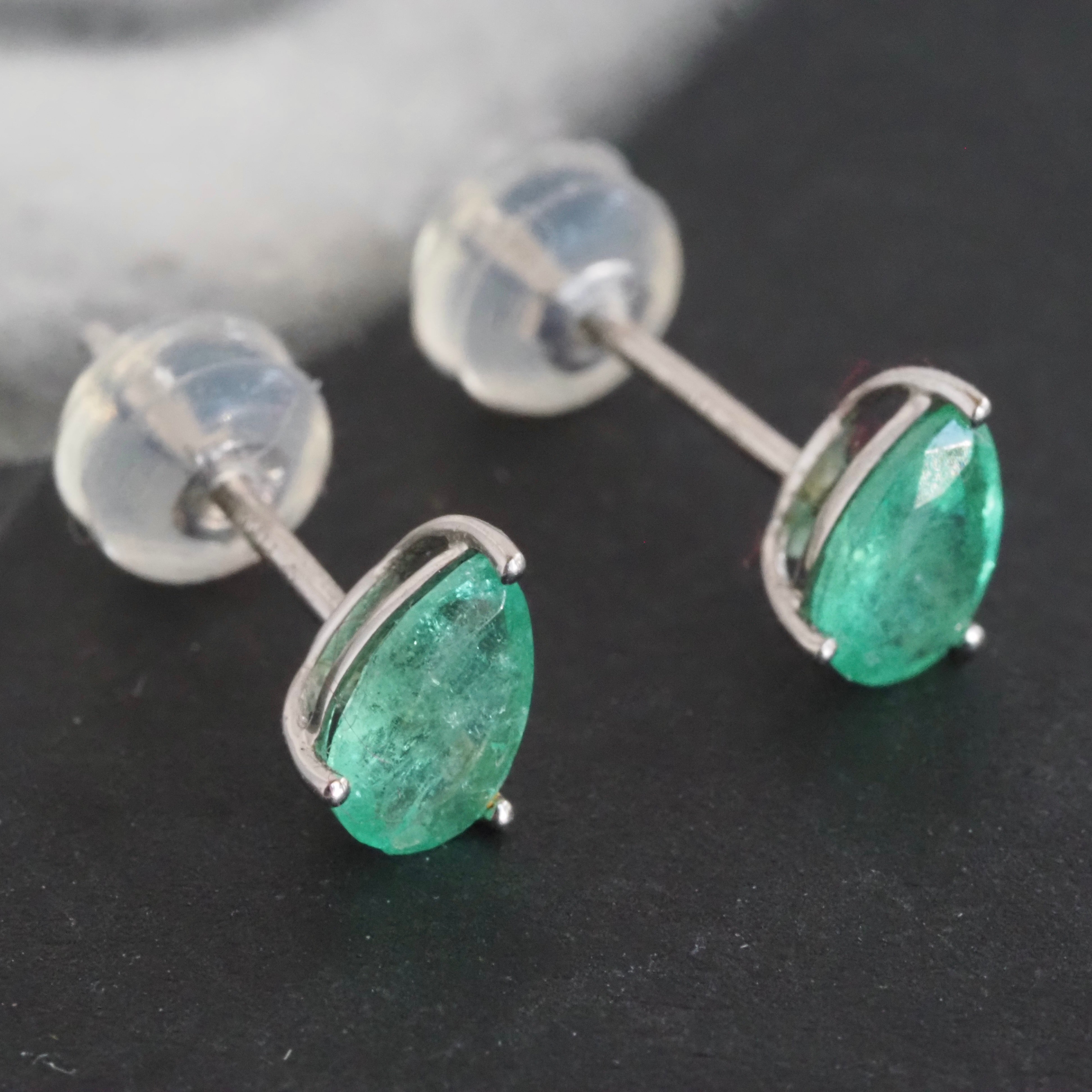 Pear Shaped Emerald Platinum Post Earrings