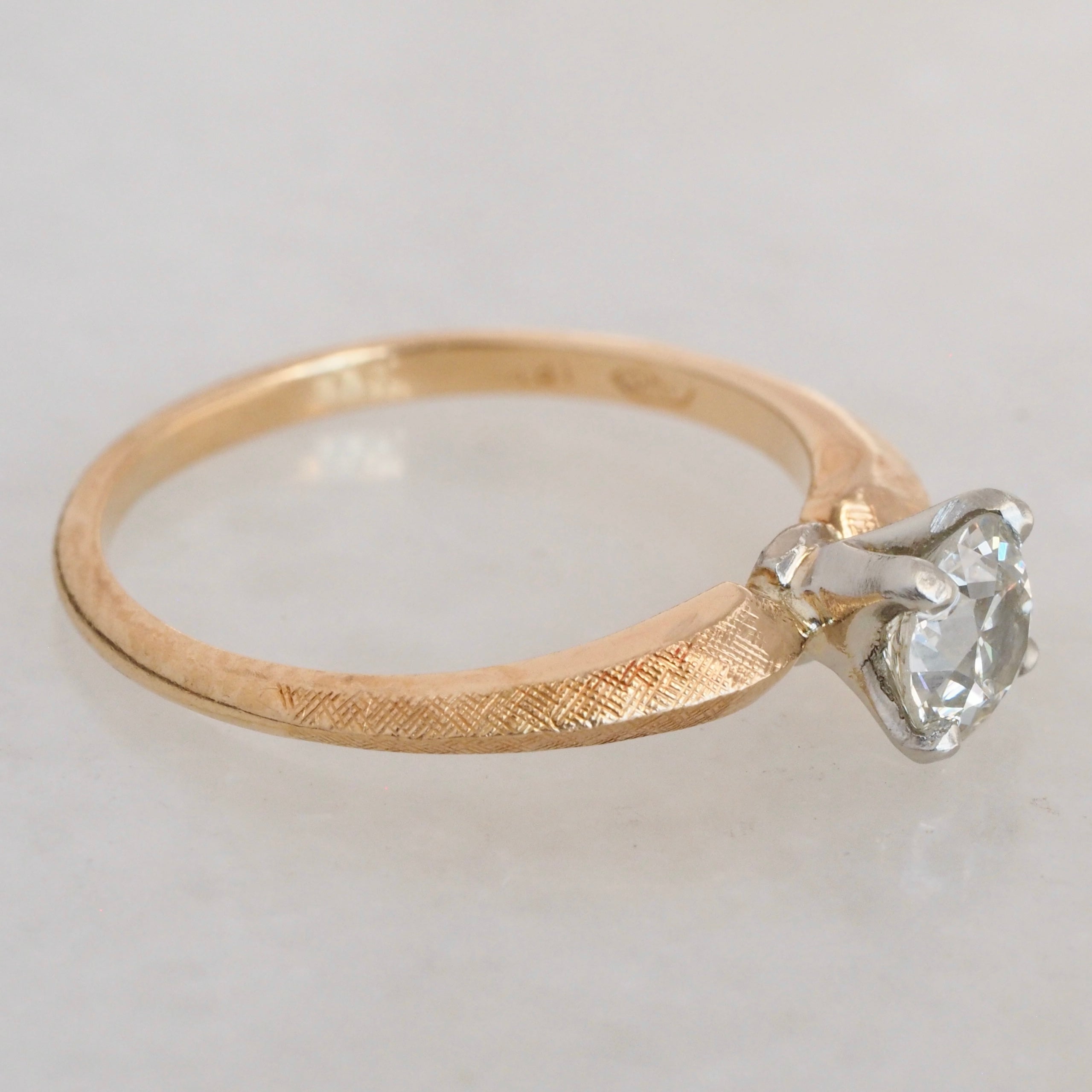 Midcentury Modern Brushed 18k Gold Old European Cut Diamond Ring