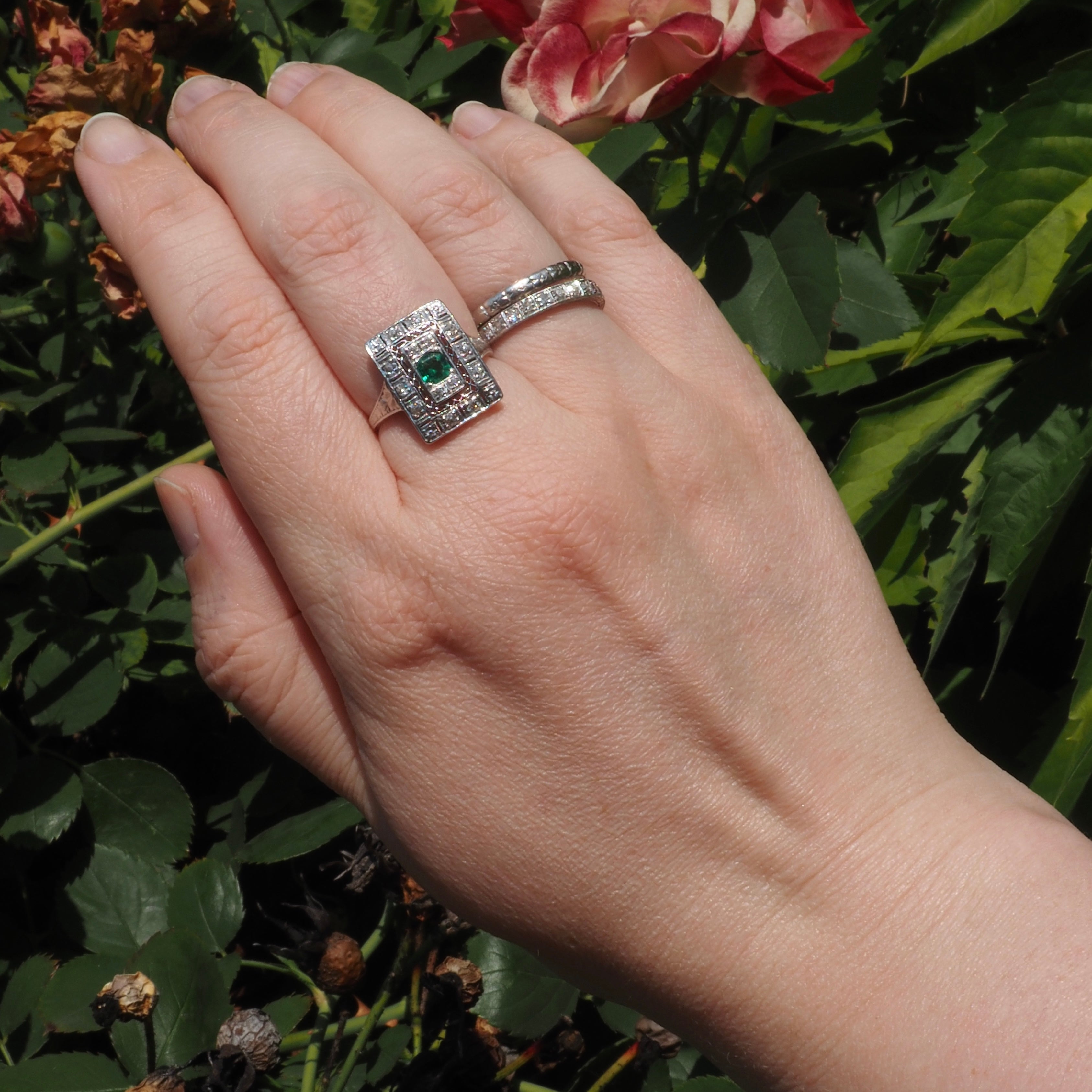 Antique Art Deco Emerald and Diamond 14K White Gold Ring