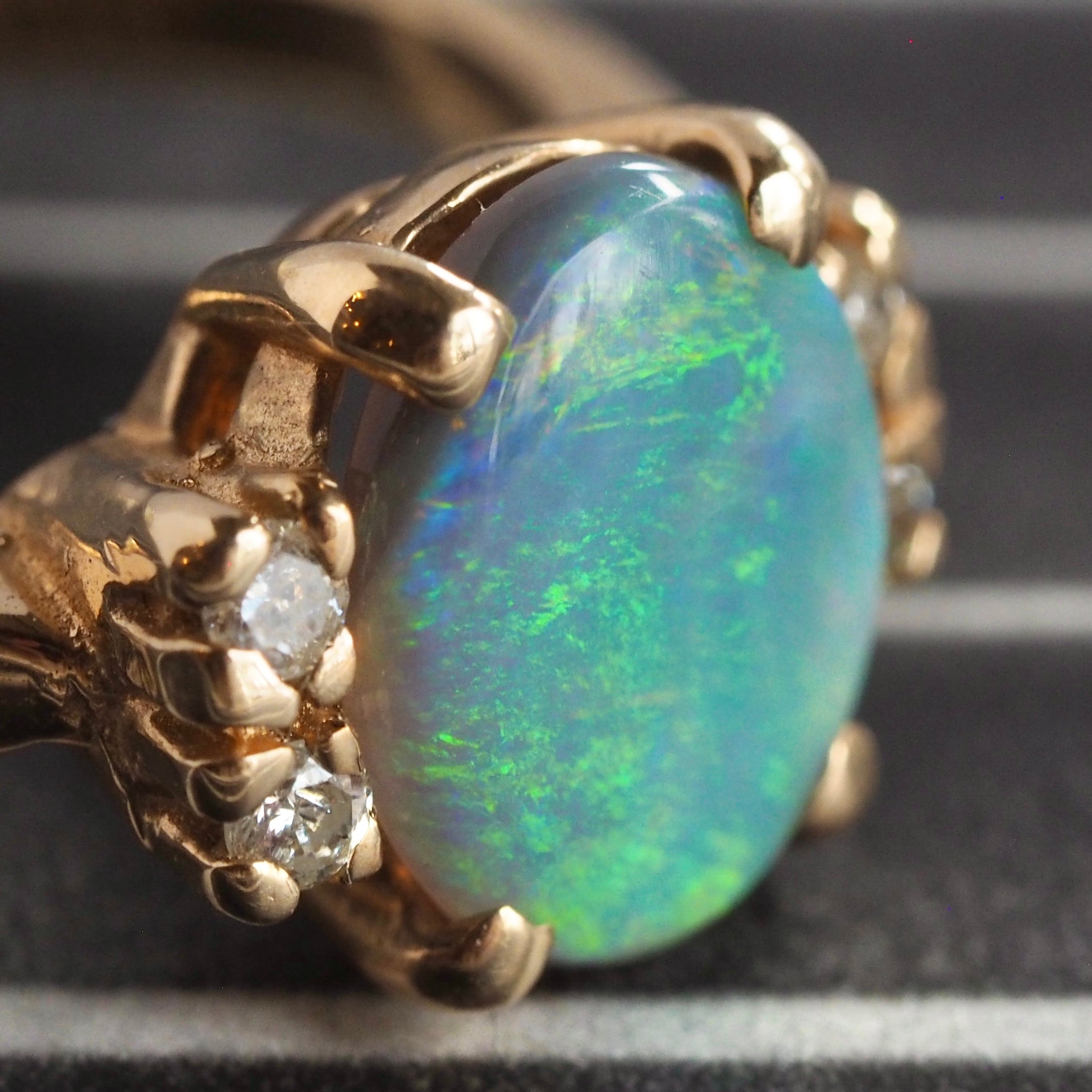 Vintage 14k Gold Black Opal and Diamond Ring