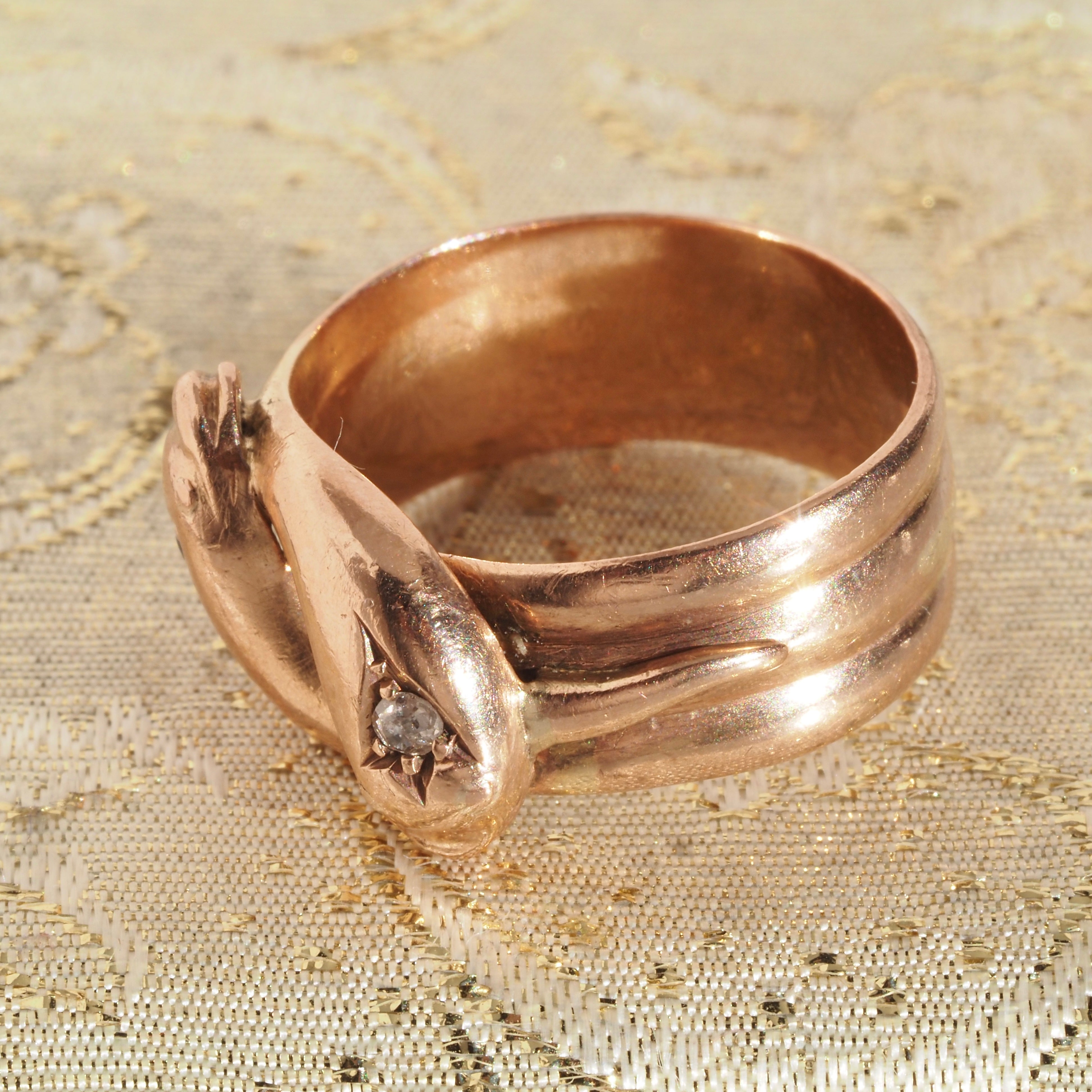 Antique c. 1904 English Old Mine Cut Diamond and Sapphire Double Snake 9k Rose Gold Ring