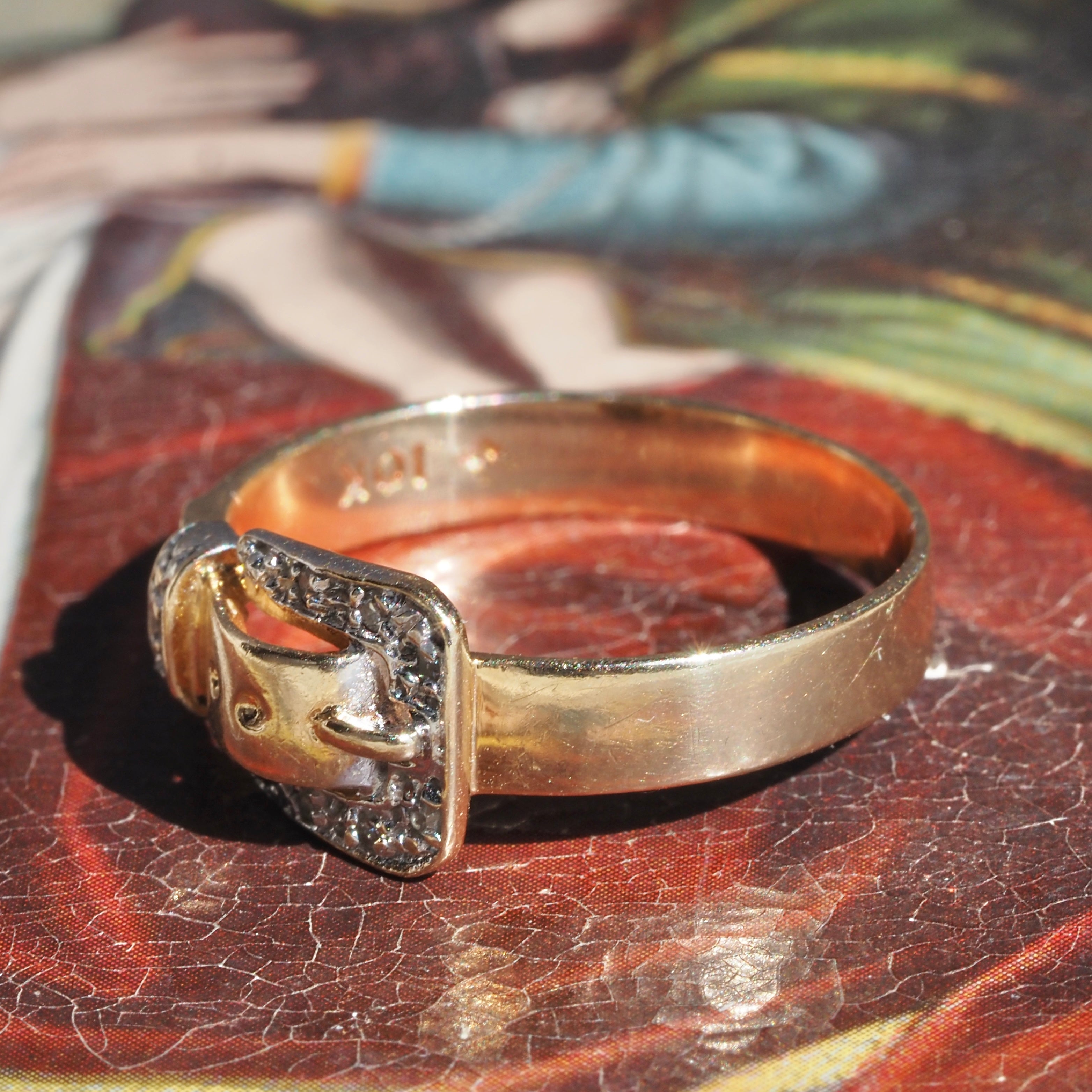 Mid-Century Diamond Belt Buckle 10k Gold Ring
