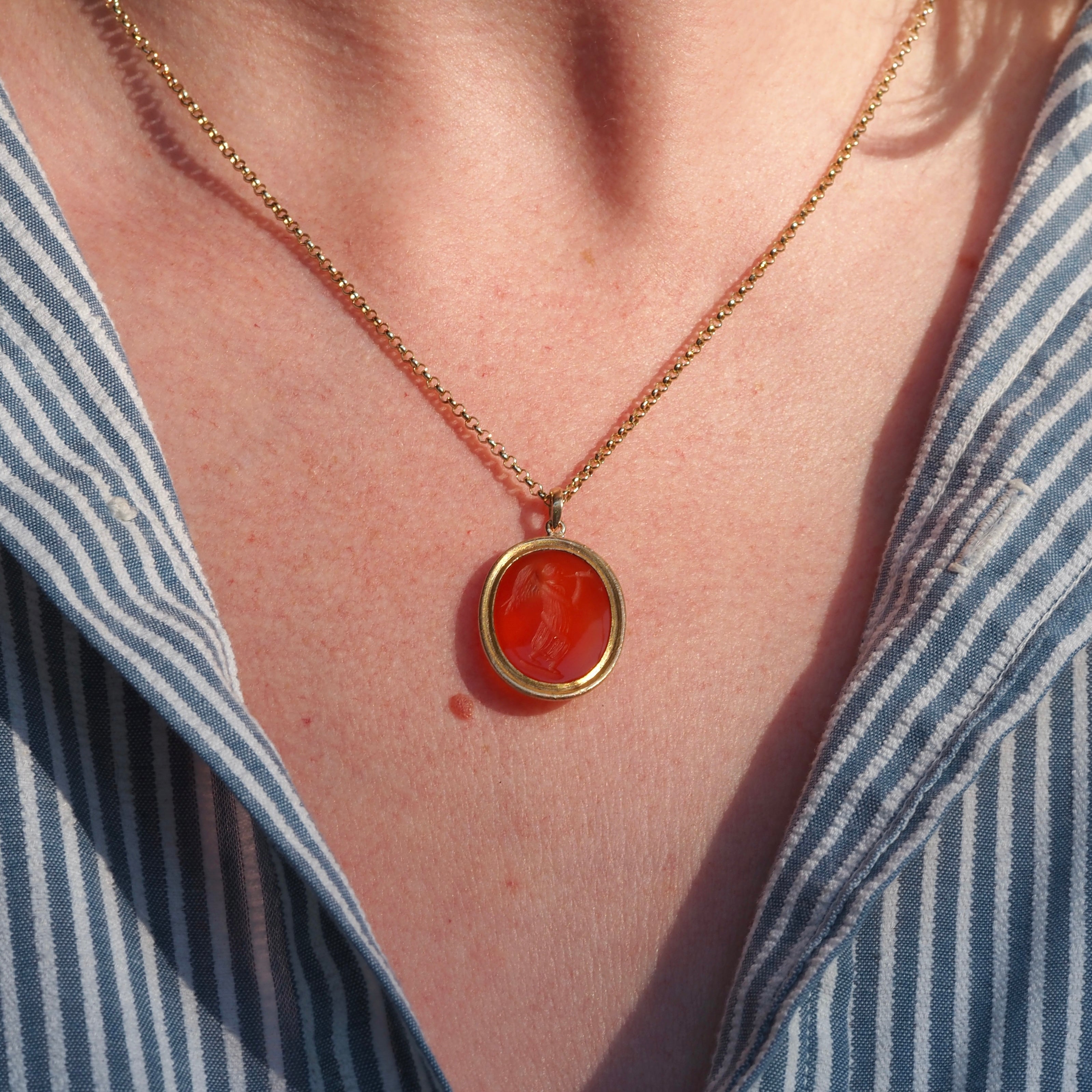 Antique Carnelian Angel Gabriel Intaglio Pendant with Vintage English 9k Gold Chain